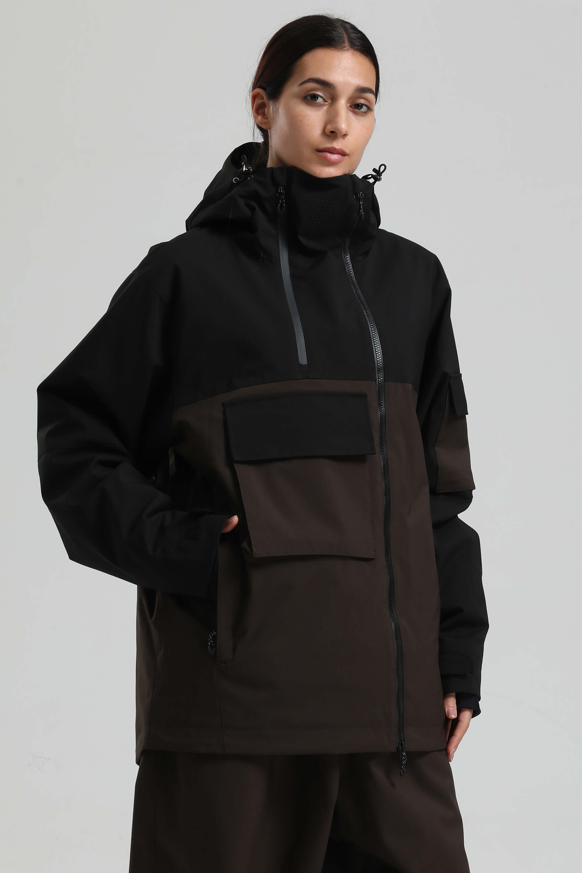Women's Black & Coffee Asym-Zip Snow Jacket Utility Pocket Waterproof Ski Jacket - Gsou Snow