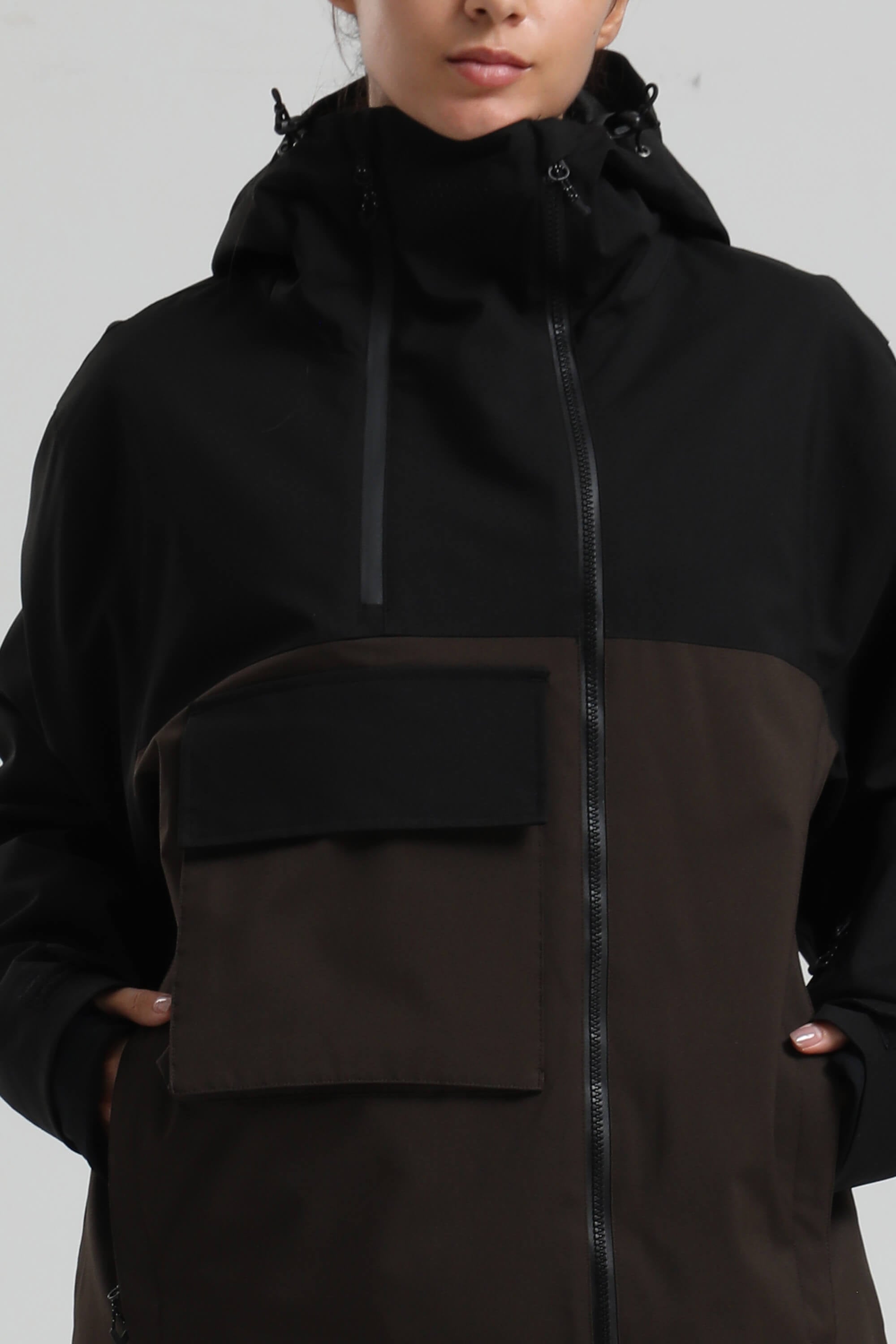 Women's Black & Coffee Asym-Zip Snow Jacket Utility Pocket Waterproof Ski Jacket - Gsou Snow