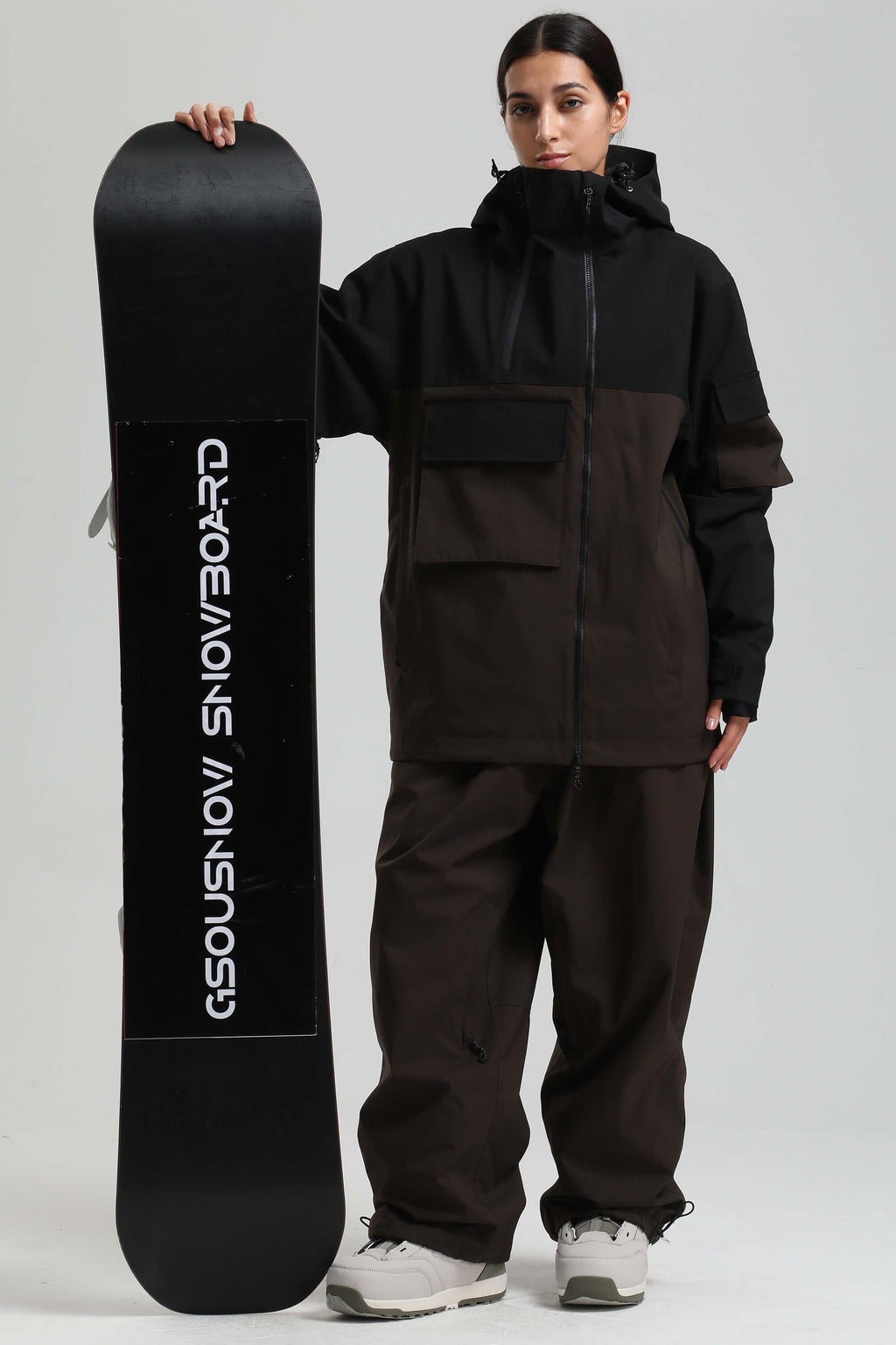 Women's Black & Coffee Asym-Zip Snow Jacket Utility Pocket Waterproof Ski Jacket - Gsou Snow