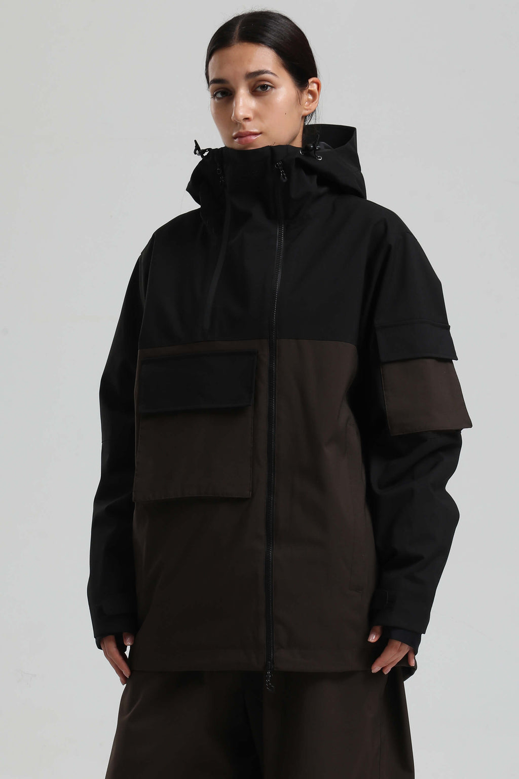 Women's Black & Coffee Asym-Zip Snow Jacket Utility Pocket Waterproof Ski Jacket - Gsou Snow