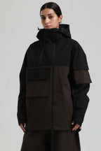 Women's Black & Coffee Asym-Zip Snow Jacket Utility Pocket Waterproof Ski Jacket - Gsou Snow