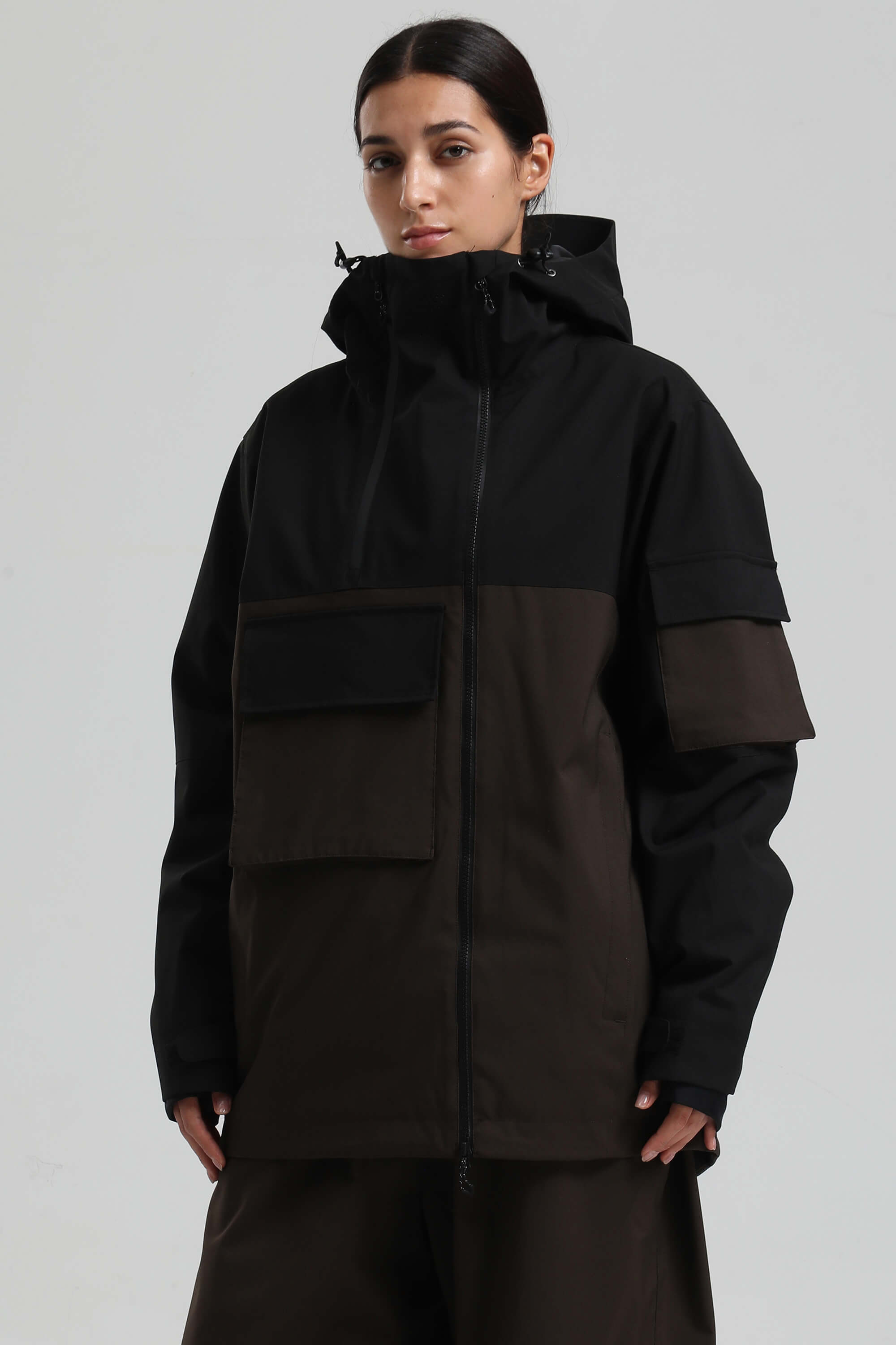 Women's Black & Coffee Asym-Zip Snow Jacket Utility Pocket Waterproof Ski Jacket - Gsou Snow
