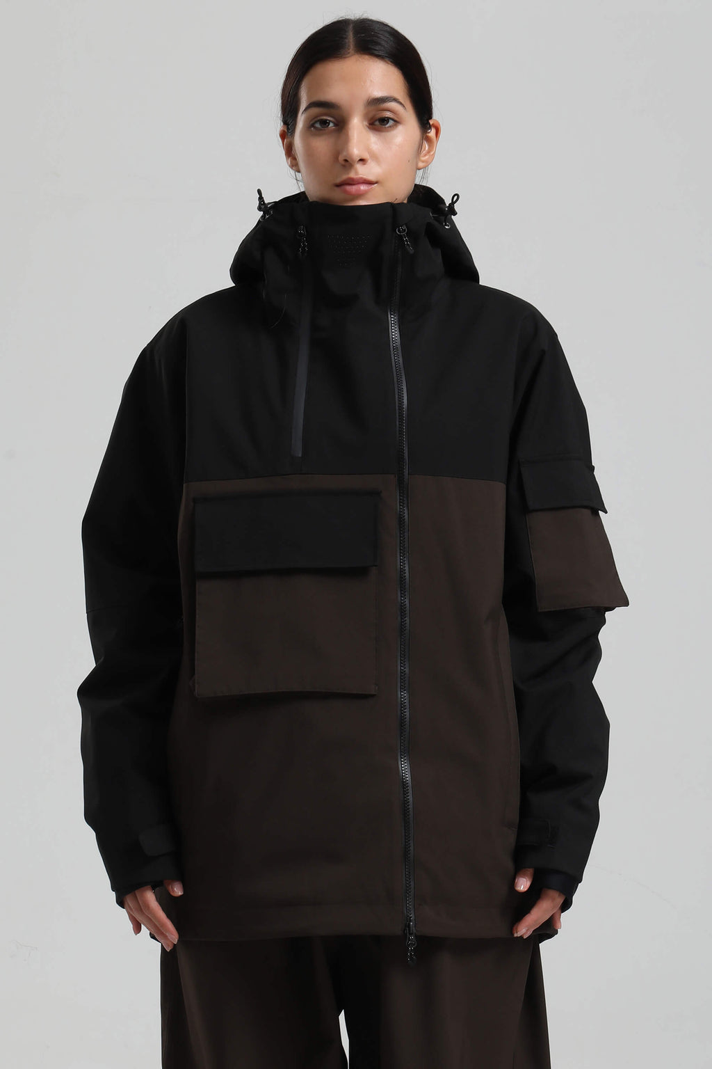 Women's Black & Coffee Asym-Zip Snow Jacket Utility Pocket Waterproof Ski Jacket - Gsou Snow