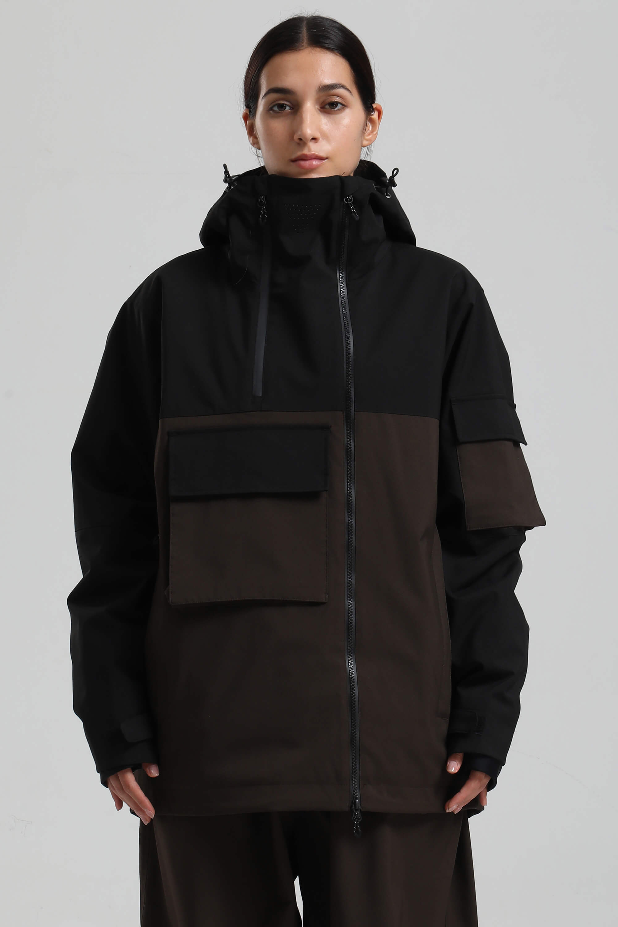 Women's Black & Coffee Asym-Zip Snow Jacket Utility Pocket Waterproof Ski Jacket - Gsou Snow