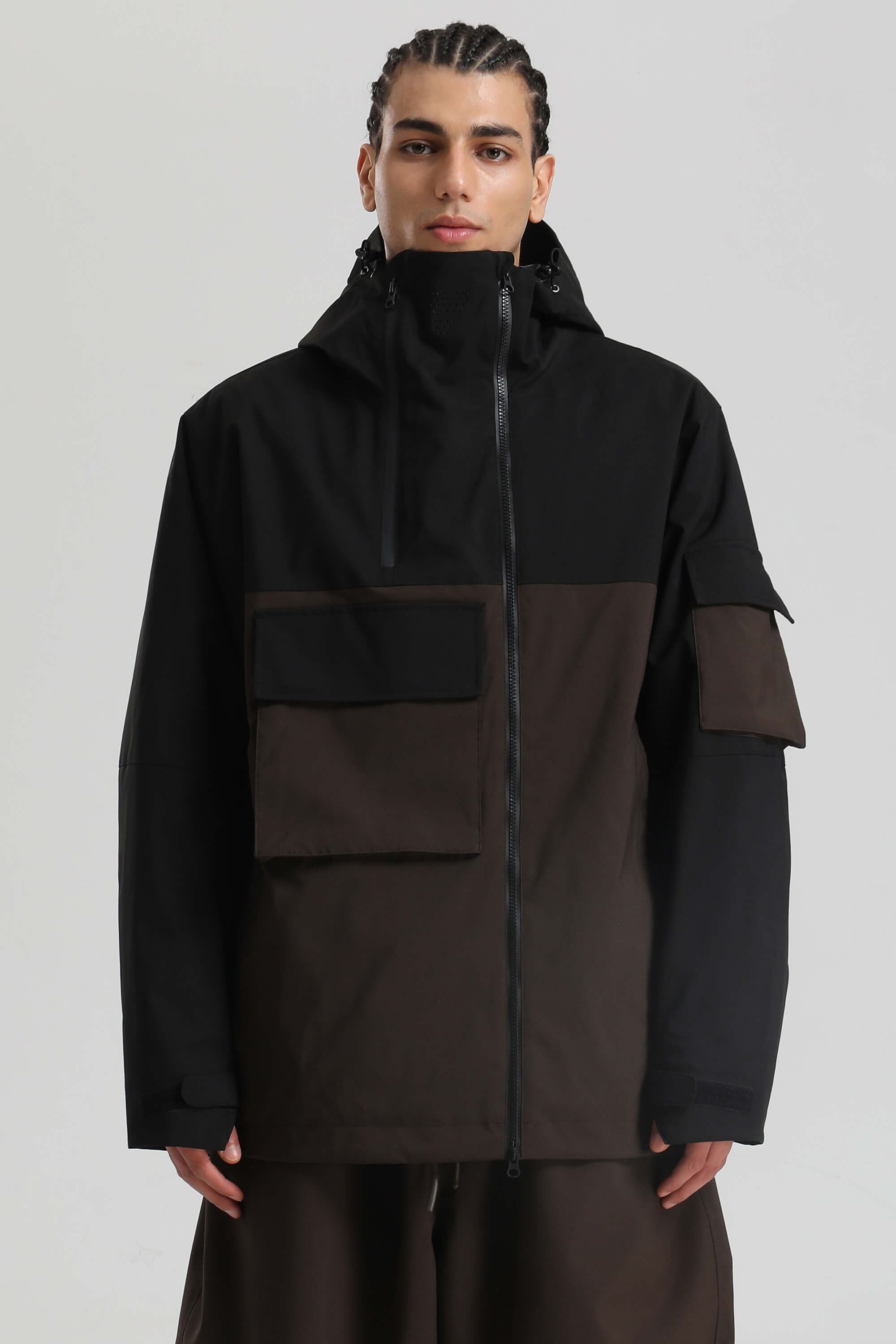 Men's Black & Khaki Asym-Zip Multi-Pocket Ski Jacket Utility Waterproof Snow Jacket