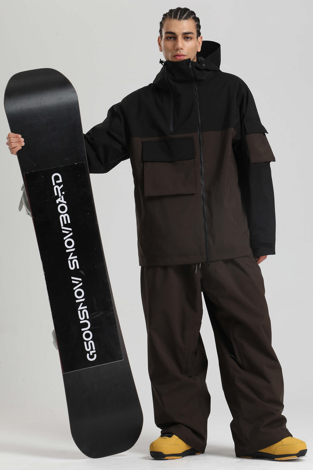 Men's Black & Coffee Asym-Zip Snow Jacket Utility Pocket Waterproof Ski Jacket - Gsou Snow