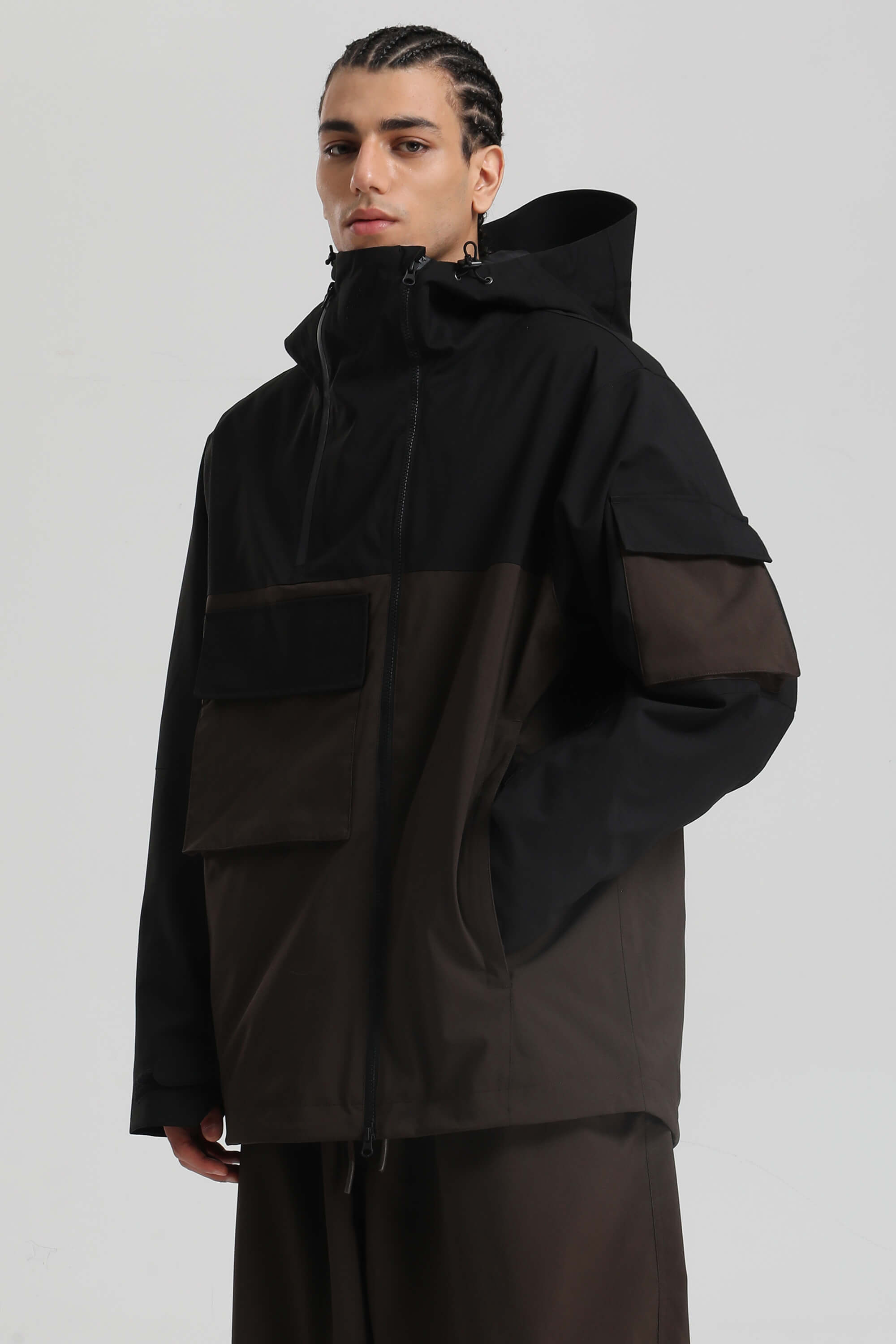 Men's Black & Khaki Asym-Zip Multi-Pocket Ski Jacket Utility Waterproof Snow Jacket