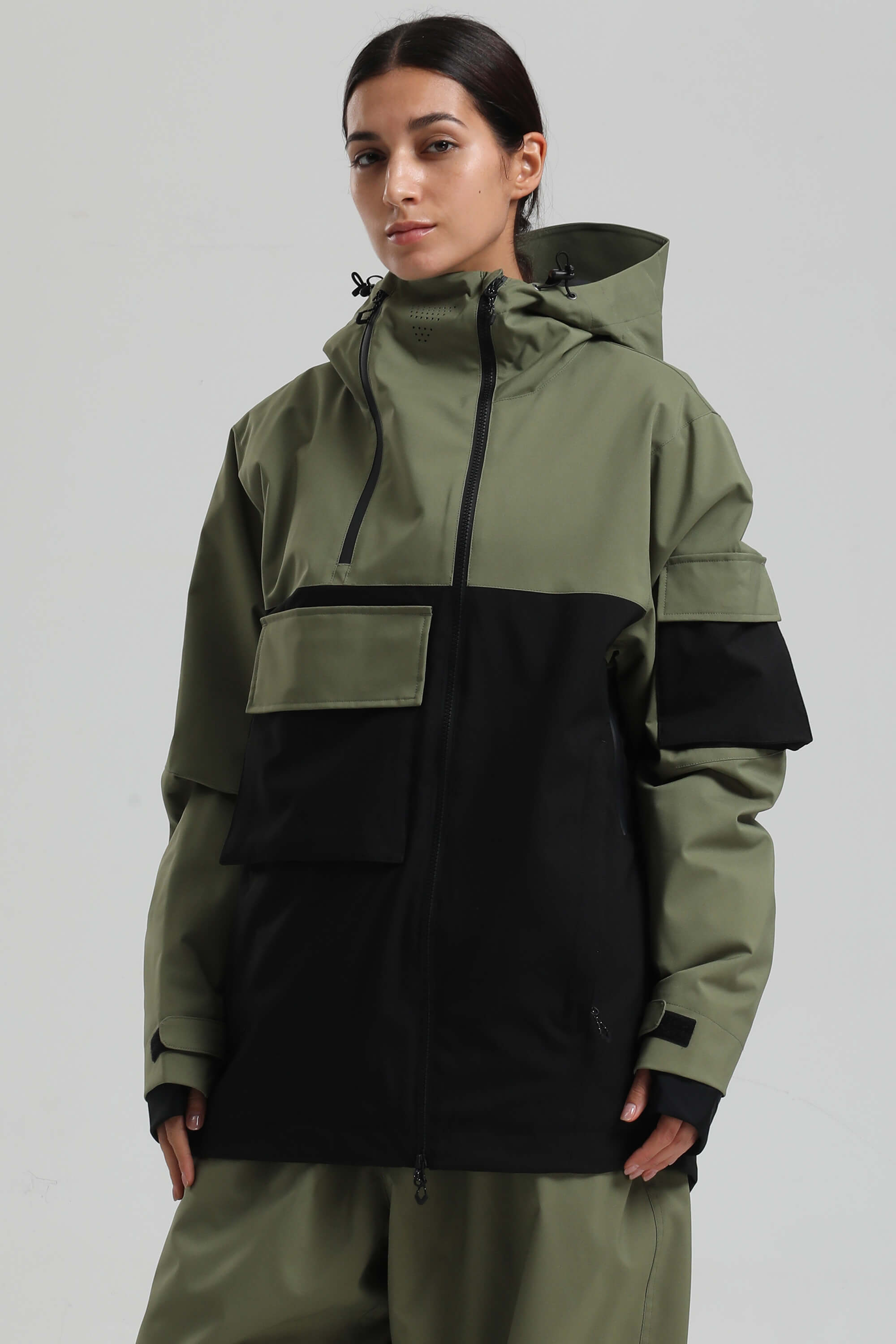 Women's Off White Asym-Zip Multi-Pocket Ski Jacket Utility Waterproof Snow Jacket