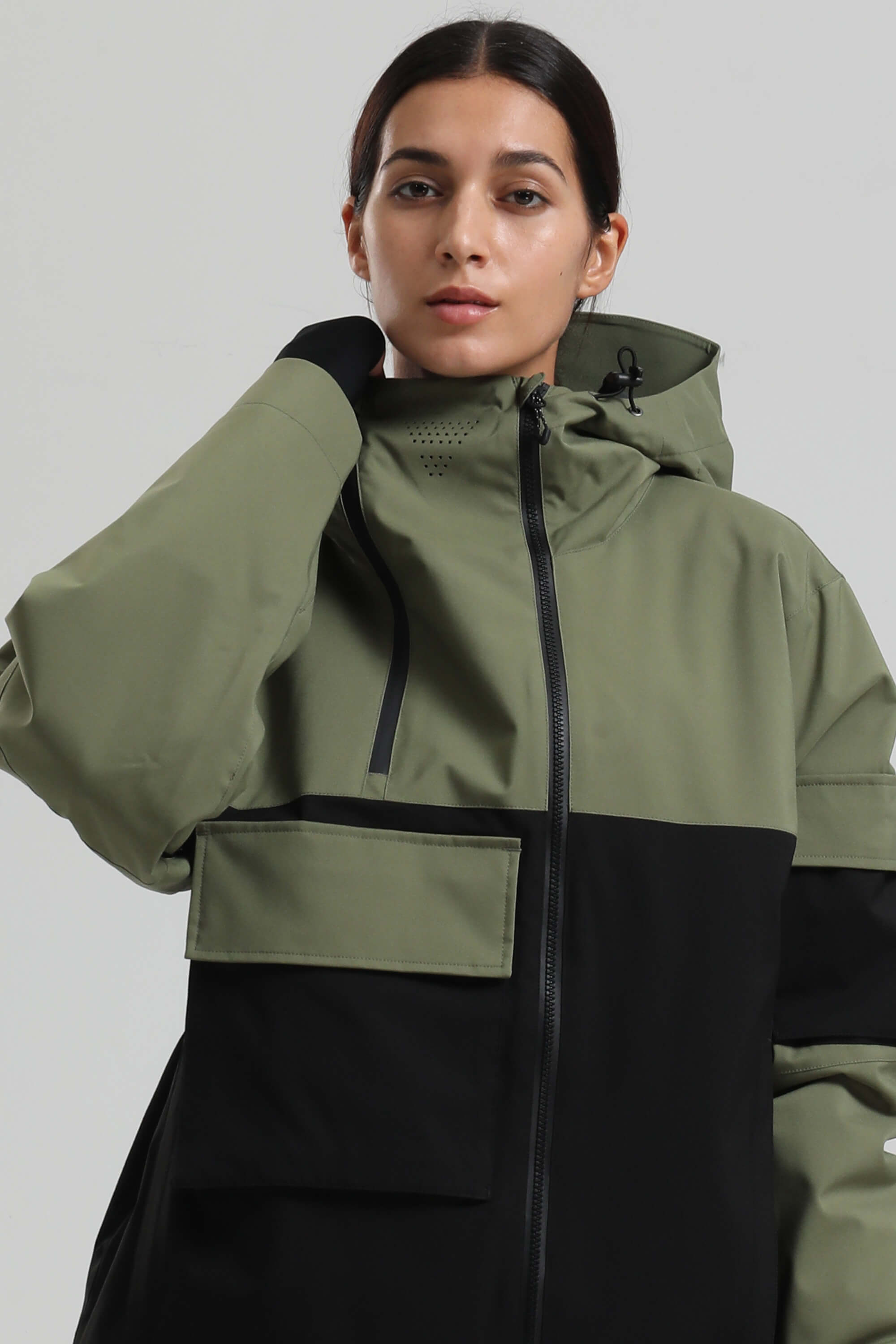 Women's Green & Black Asym-Zip Multi-Pocket Ski Jacket Utility Waterproof Snow Jacket