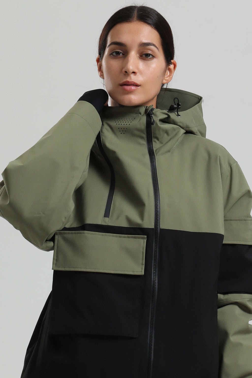 Women's Green & Black Asym-Zip Snow Jacket Utility Pocket Waterproof Ski Jacket - Gsou Snow