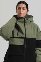 Women's Green & Black Asym-Zip Snow Jacket Utility Pocket Waterproof Ski Jacket - Gsou Snow