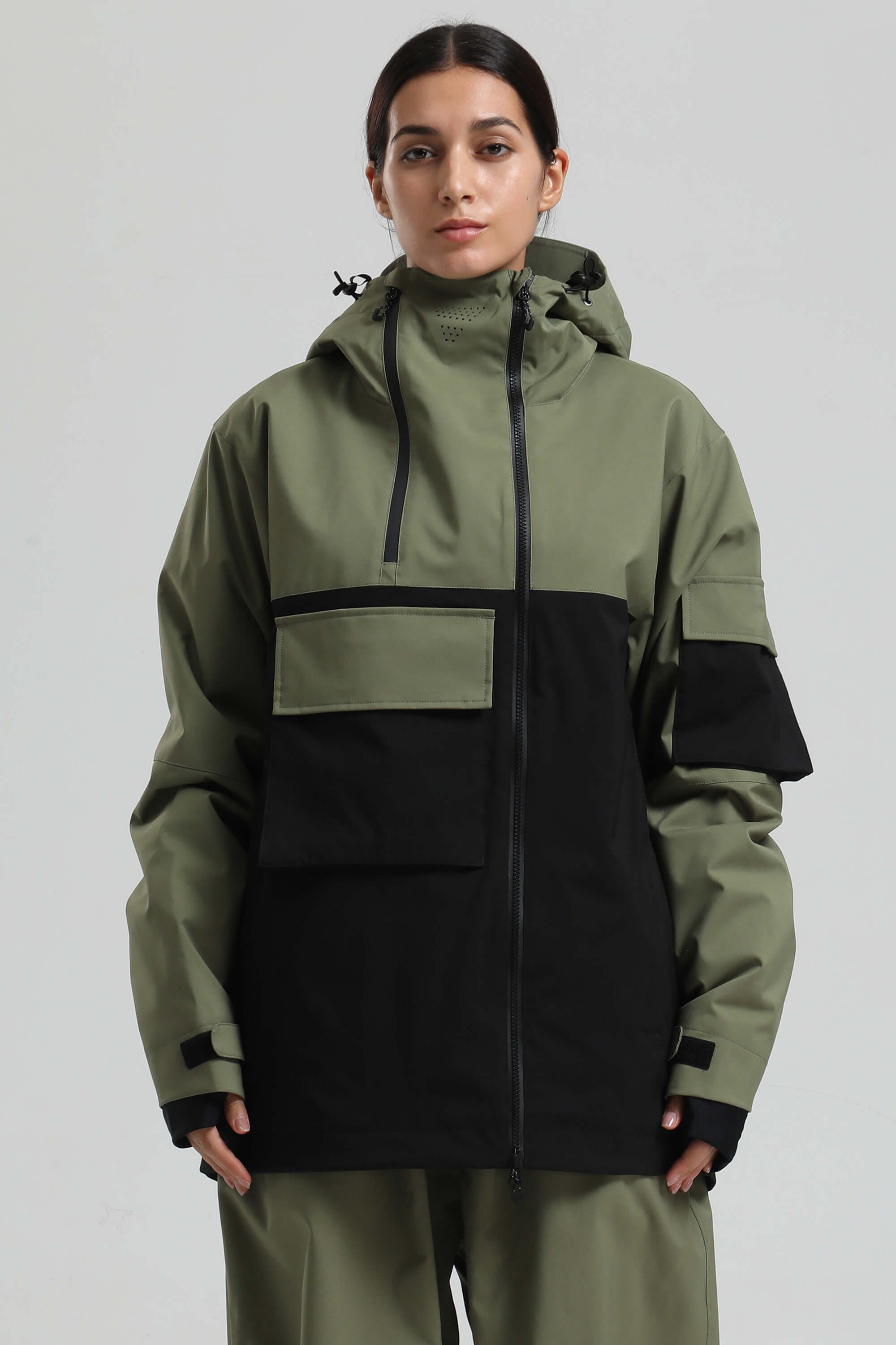 Women's Black & Khaki Asym-Zip Multi-Pocket Ski Jacket Utility Waterproof Snow Jacket