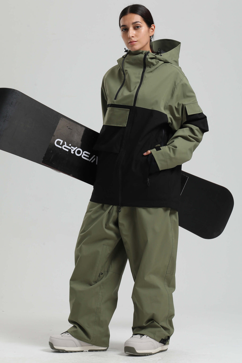 Women's Green & Black Asym-Zip Snow Jacket Utility Pocket Waterproof Ski Jacket - Gsou Snow