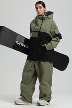 Women's Green & Black Asym-Zip Snow Jacket Utility Pocket Waterproof Ski Jacket - Gsou Snow