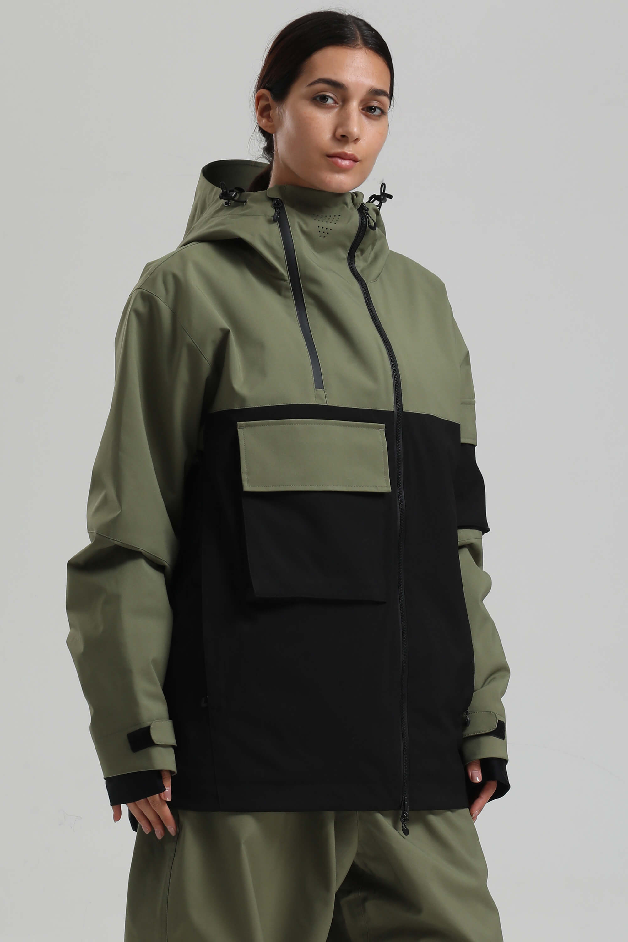 Women's Green & Black Asym-Zip Snow Jacket Utility Pocket Waterproof Ski Jacket - Gsou Snow