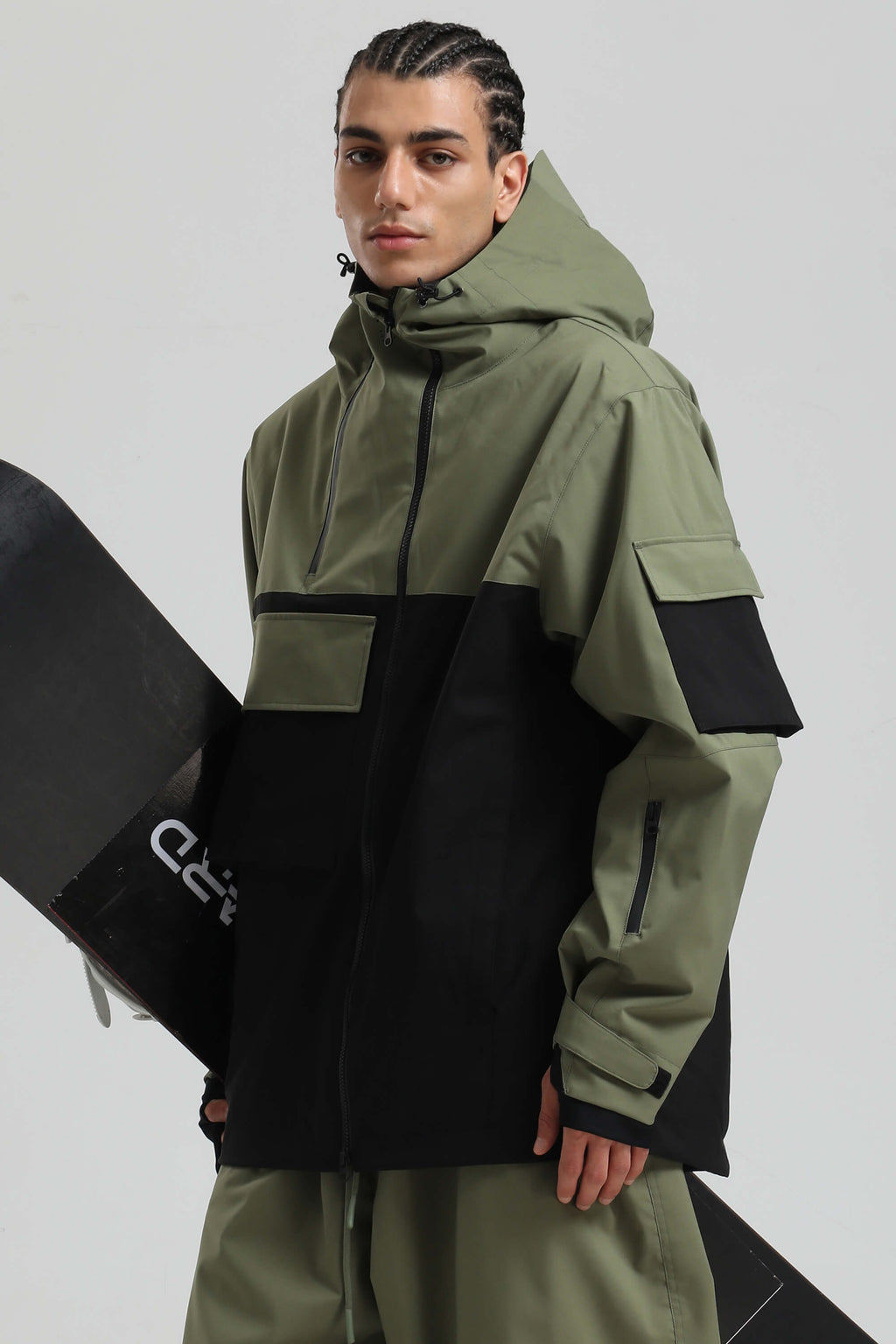 Men's Black & Grey Asym-Zip Multi-Pocket Ski Jacket Utility Waterproof Snow Jacket