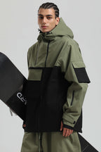 Men's Khaki & White Asym-Zip Multi-Pocket Ski Jacket Utility Waterproof Snow Jacket