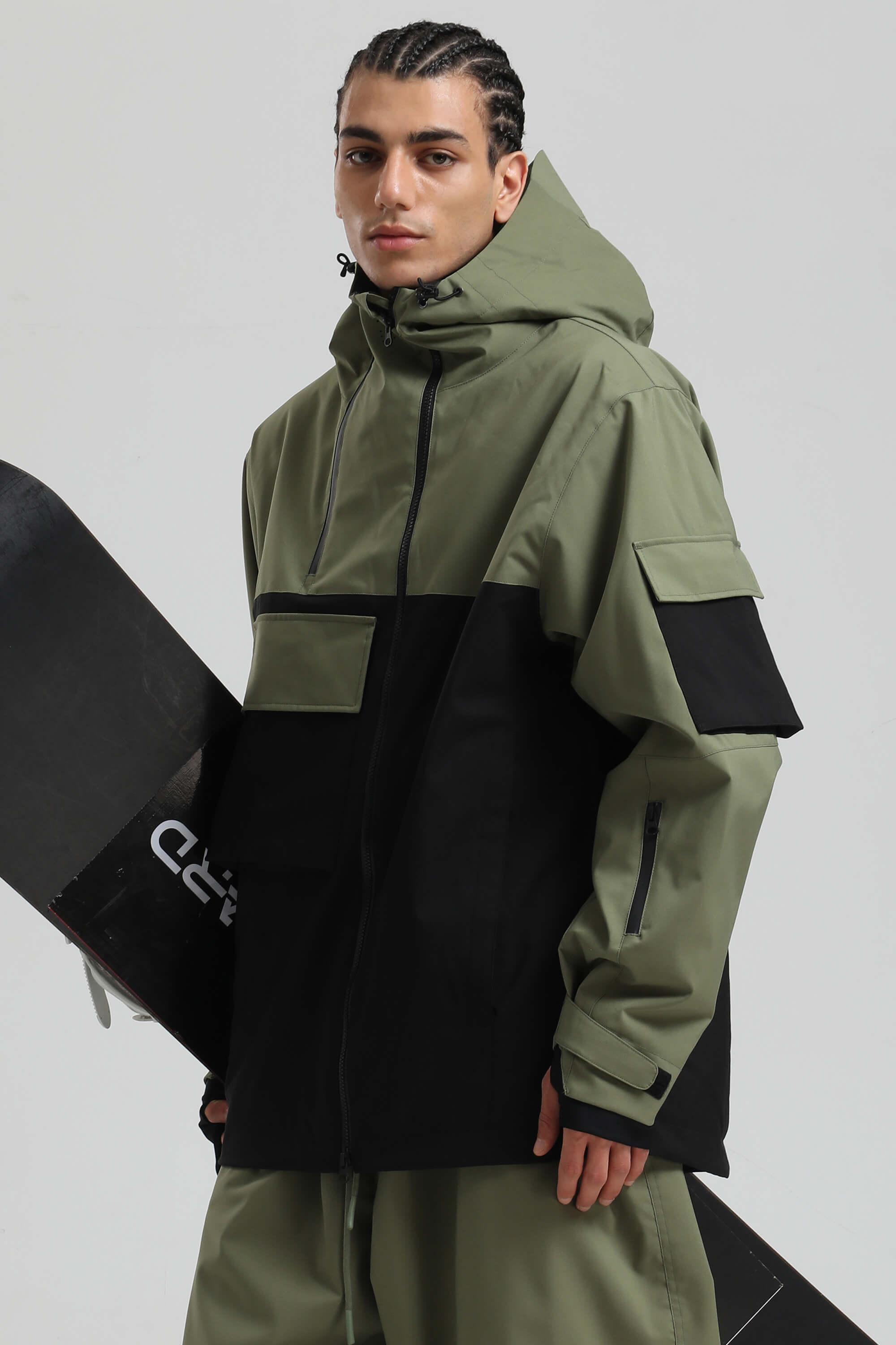Men's Black Asym-Zip Utility Snow Jacket Pocket Waterproof Ski Jacket - Gsou Snow