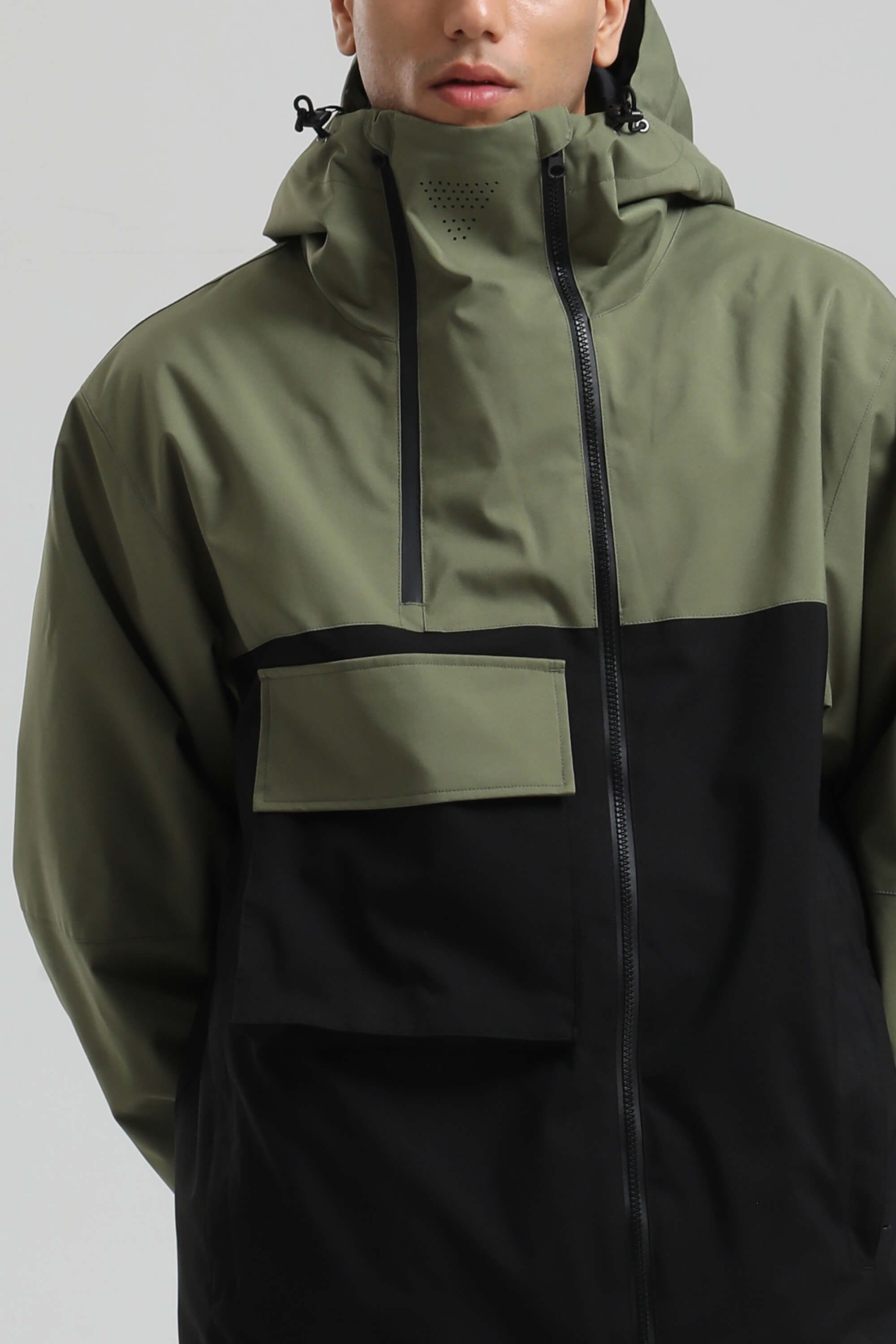 Men's Green & Black Asym-Zip Multi-Pocket Ski Jacket Utility Waterproof Snow Jacket
