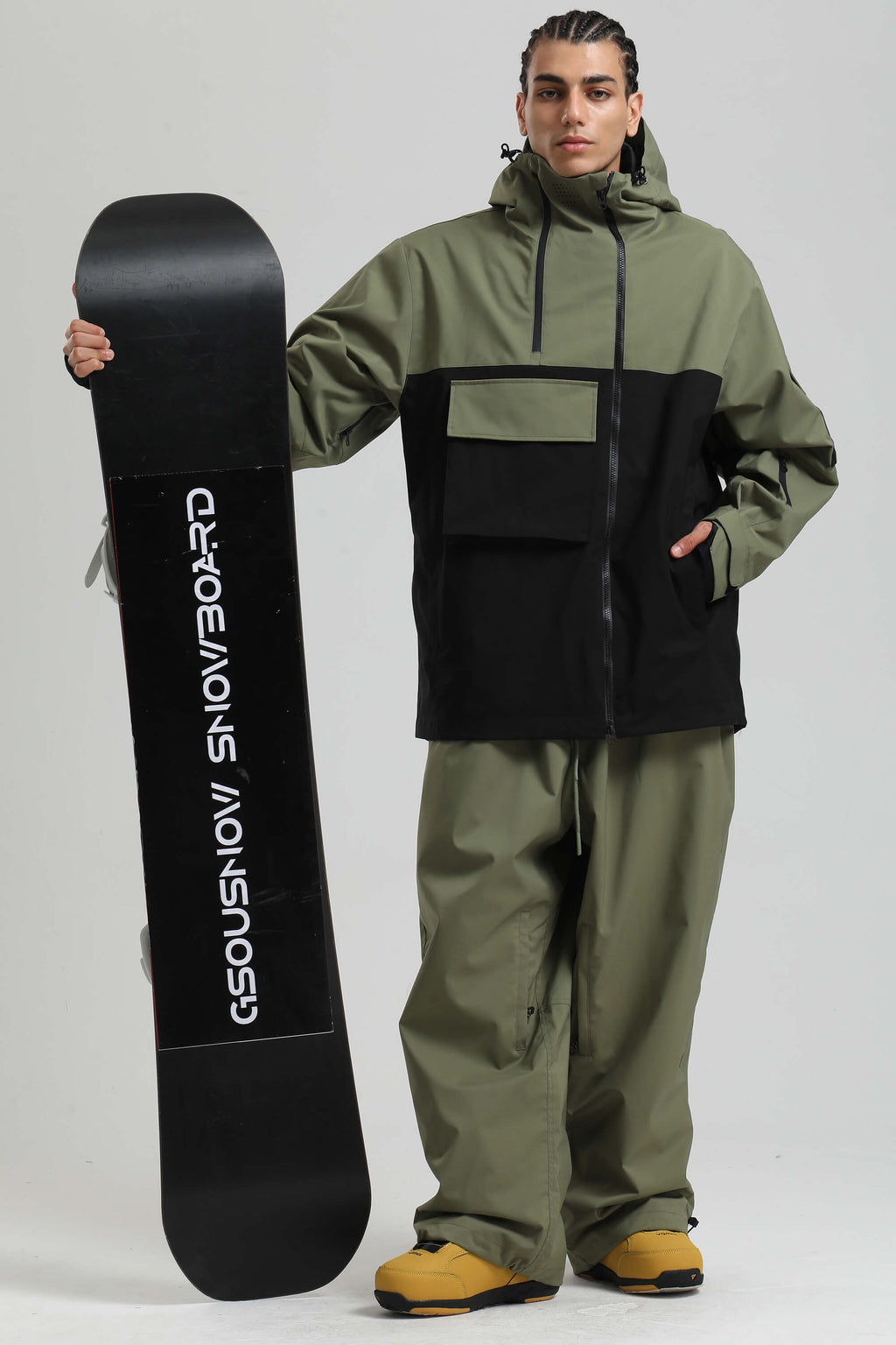 Men's Green & Black Asym-Zip Snow Jacket Utility Pocket Waterproof Ski Jacket - Gsou Snow