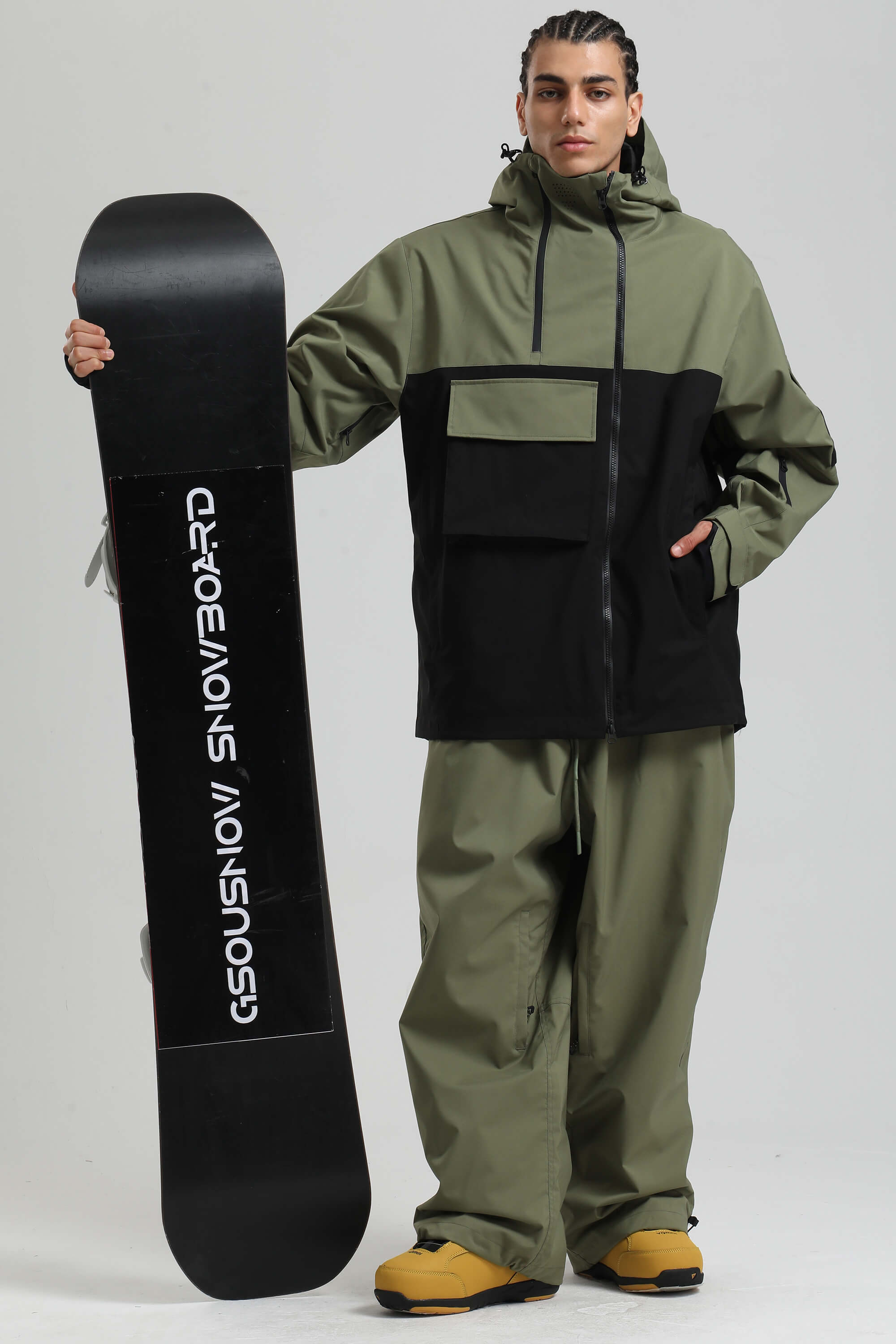 Men's Green & Black Asym-Zip Snow Jacket Utility Pocket Waterproof Ski Jacket - Gsou Snow