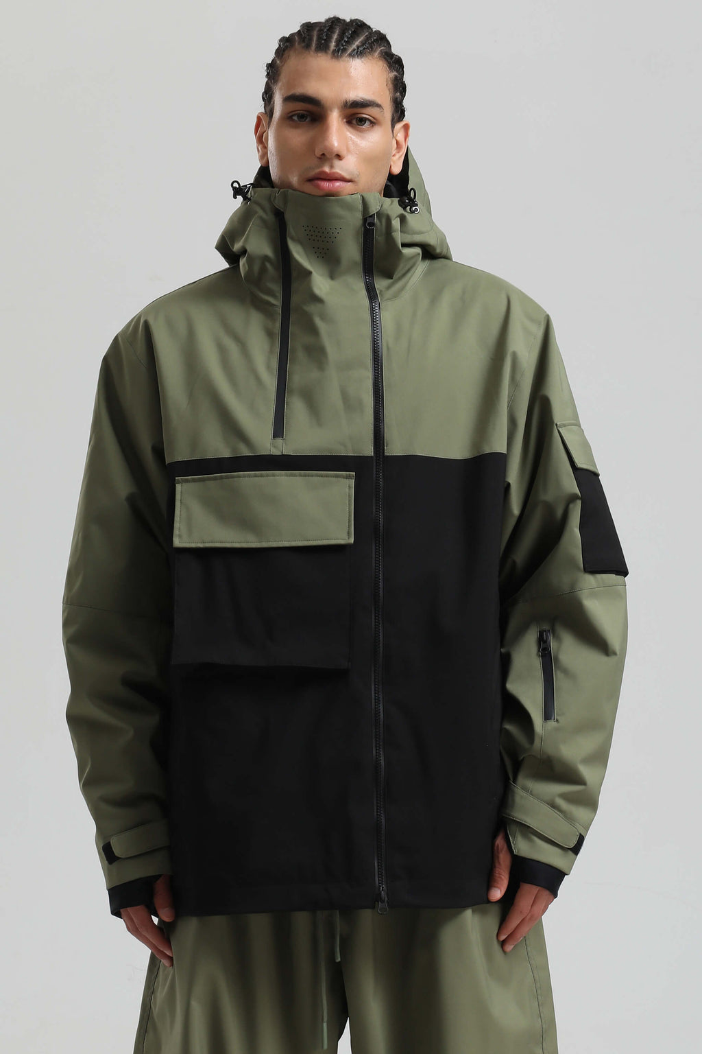 Men's Khaki Asym-Zip Multi-Pocket Ski Jacket Utility Waterproof Snow Jacket