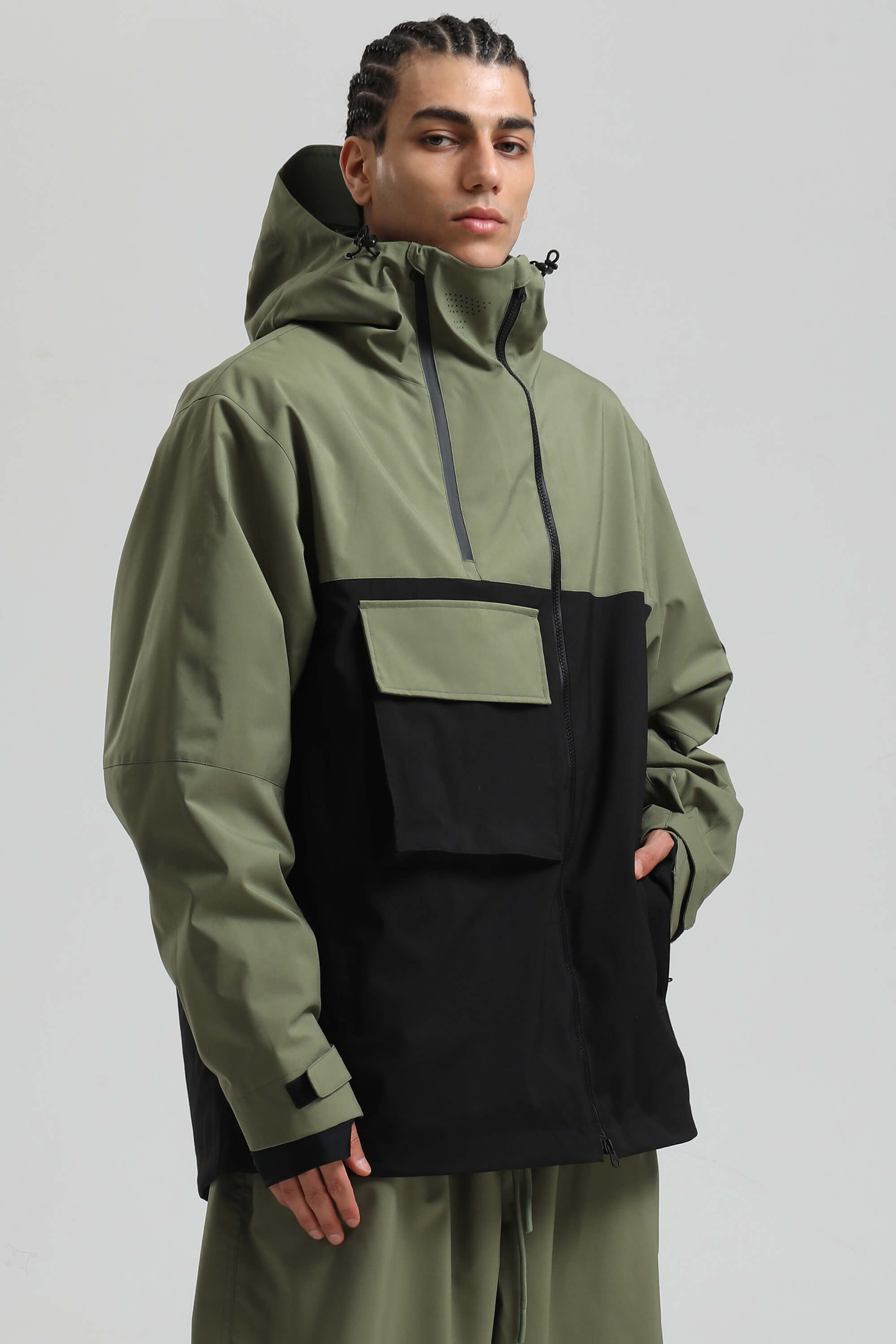 Men's Green & Black Asym-Zip Snow Jacket Utility Pocket Waterproof Ski Jacket - Gsou Snow