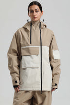Women's Khaki & White Asym-Zip Snow Jacket Utility Pocket Waterproof Ski Jacket - Gsou Snow