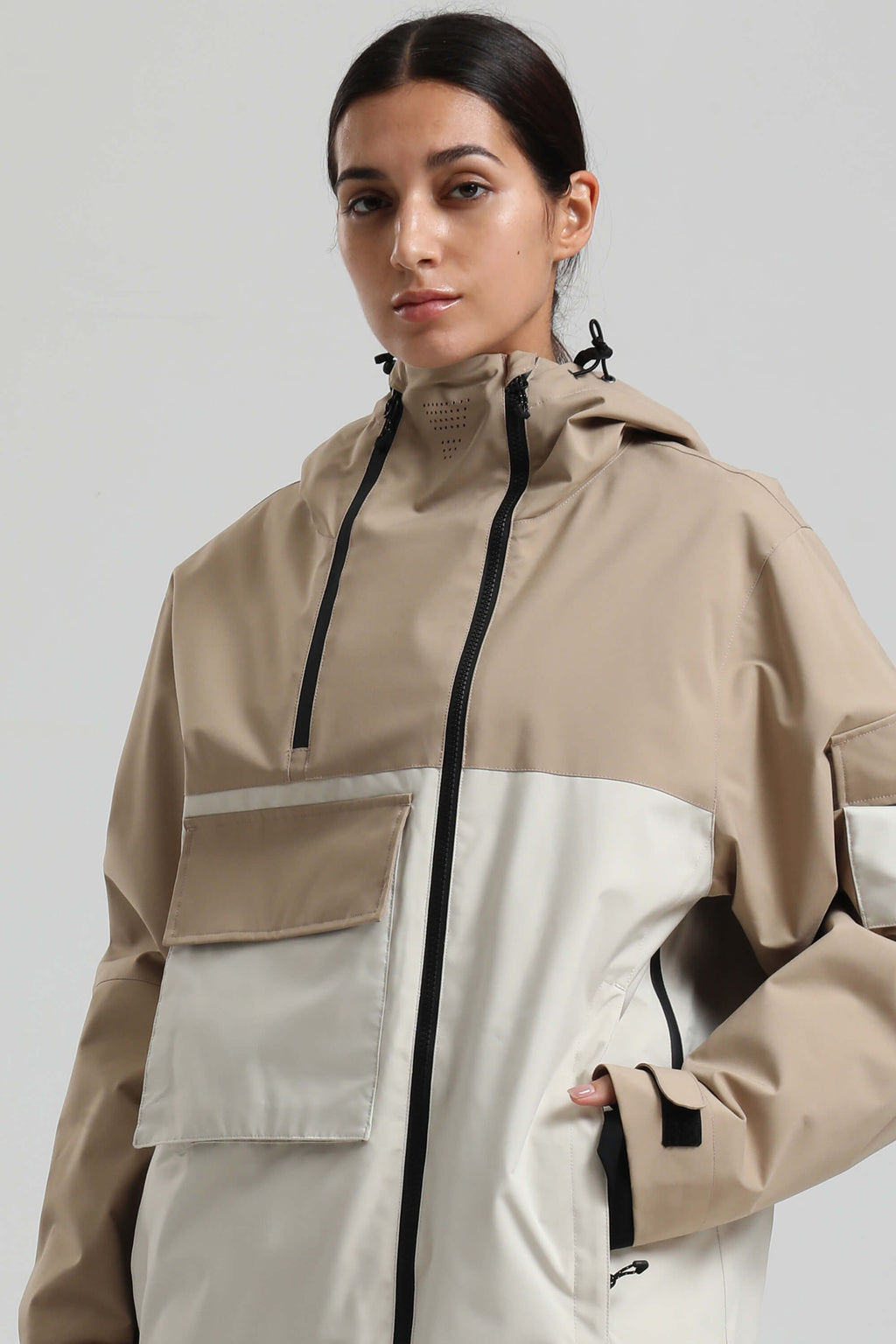 Women's Khaki & White Asym-Zip Snow Jacket Utility Pocket Waterproof Ski Jacket - Gsou Snow
