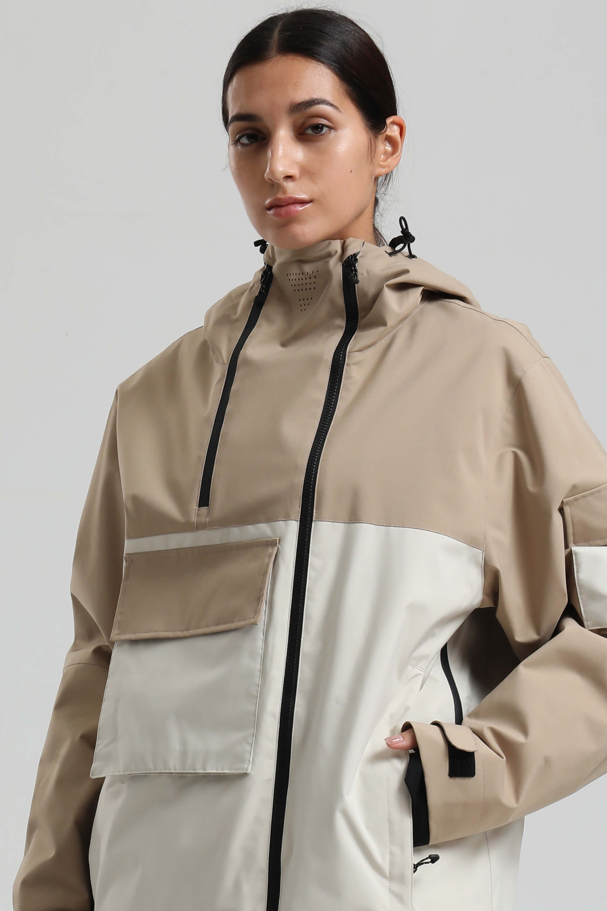 Women's Khaki & White Asym-Zip Snow Jacket Utility Pocket Waterproof Ski Jacket - Gsou Snow