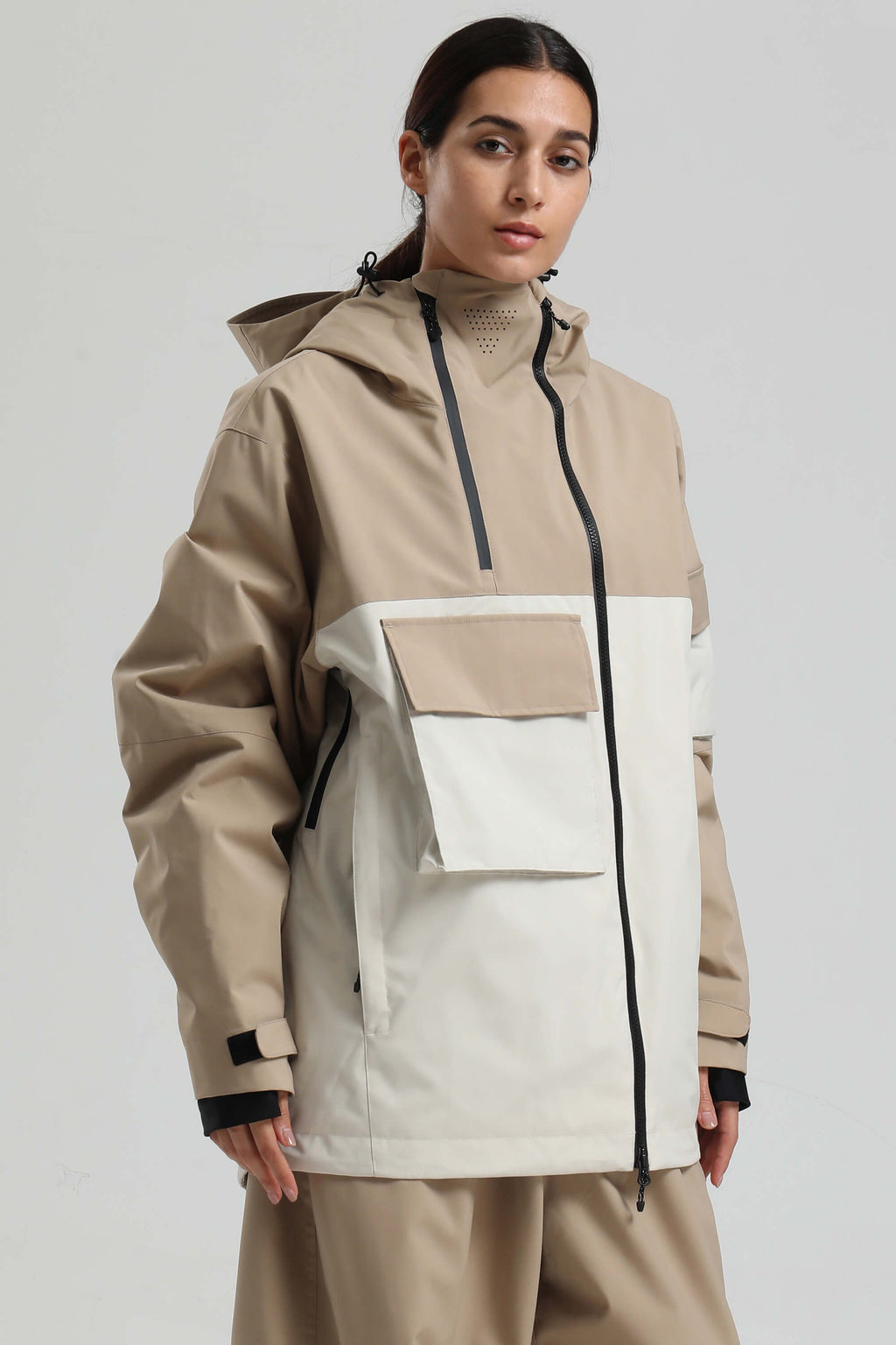 Women's Khaki & White Asym-Zip Snow Jacket Utility Pocket Waterproof Ski Jacket - Gsou Snow