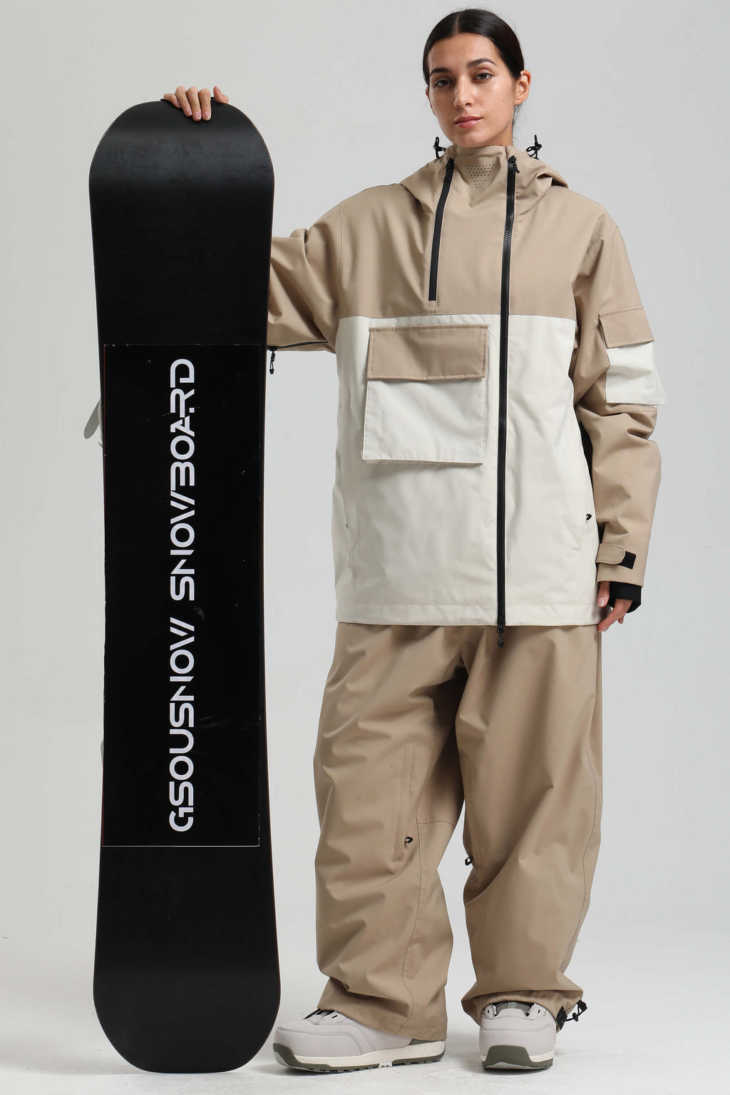 Women's Khaki & White Asym-Zip Snow Jacket Utility Pocket Waterproof Ski Jacket - Gsou Snow