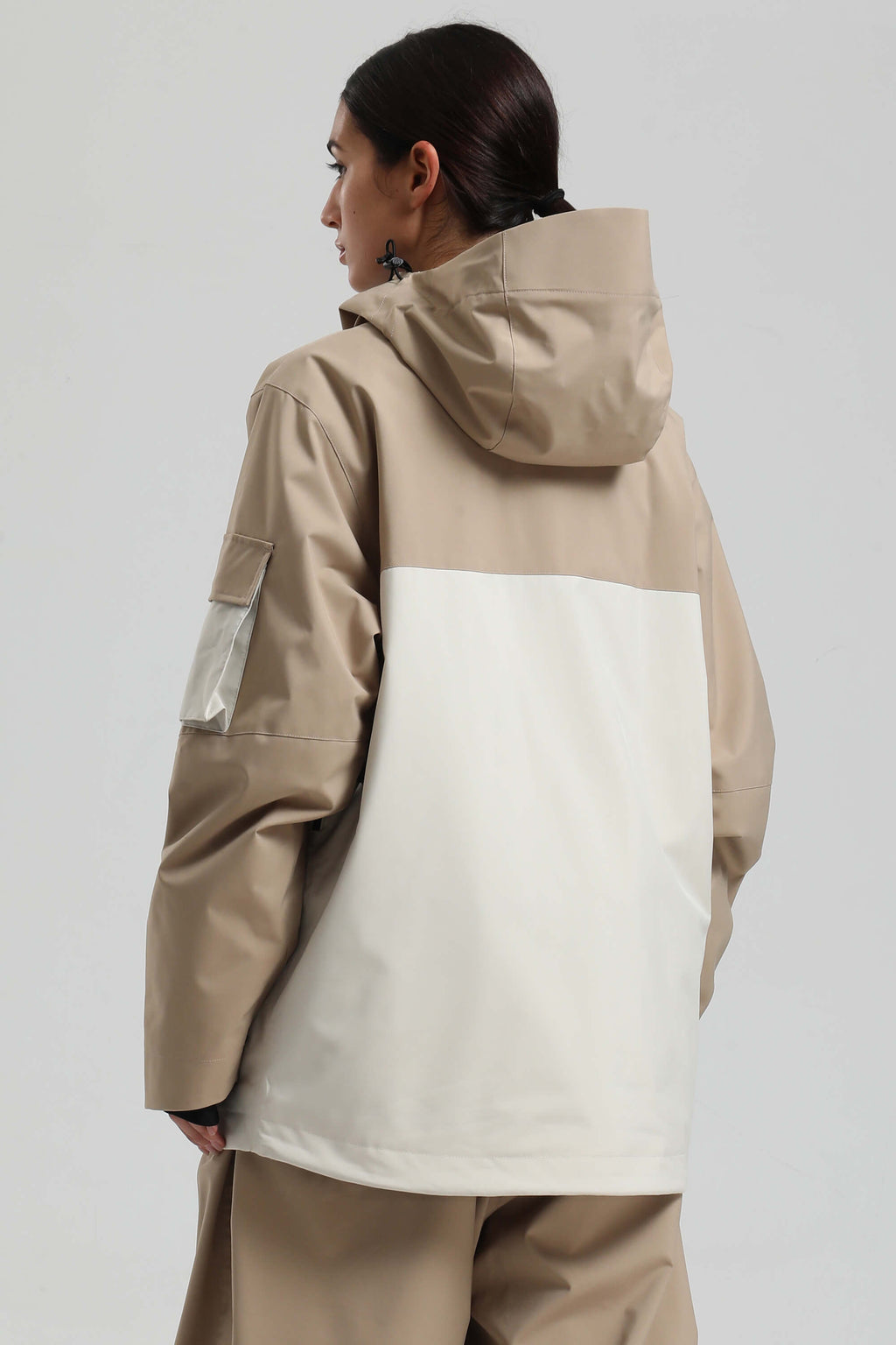 Women's Khaki & White Asym-Zip Snow Jacket Utility Pocket Waterproof Ski Jacket - Gsou Snow