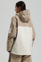 Women's Khaki & White Asym-Zip Snow Jacket Utility Pocket Waterproof Ski Jacket - Gsou Snow