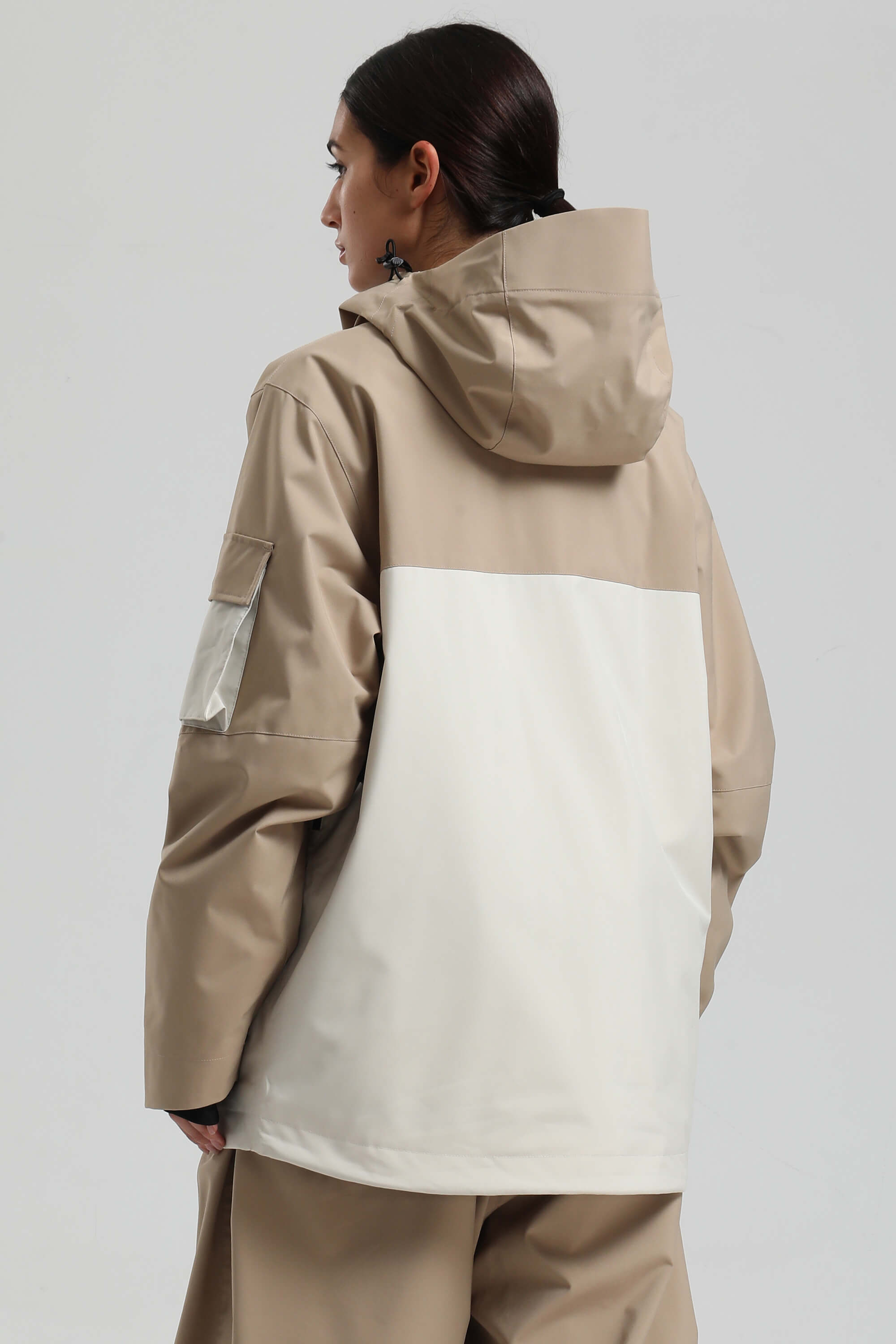 Women's Khaki & White Asym-Zip Snow Jacket Utility Pocket Waterproof Ski Jacket - Gsou Snow