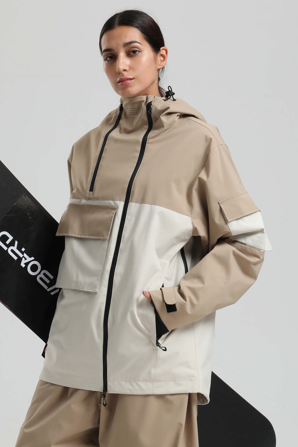 Women's Khaki & White Asym-Zip Snow Jacket Utility Pocket Waterproof Ski Jacket - Gsou Snow