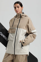 Women's Khaki & White Asym-Zip Snow Jacket Utility Pocket Waterproof Ski Jacket - Gsou Snow
