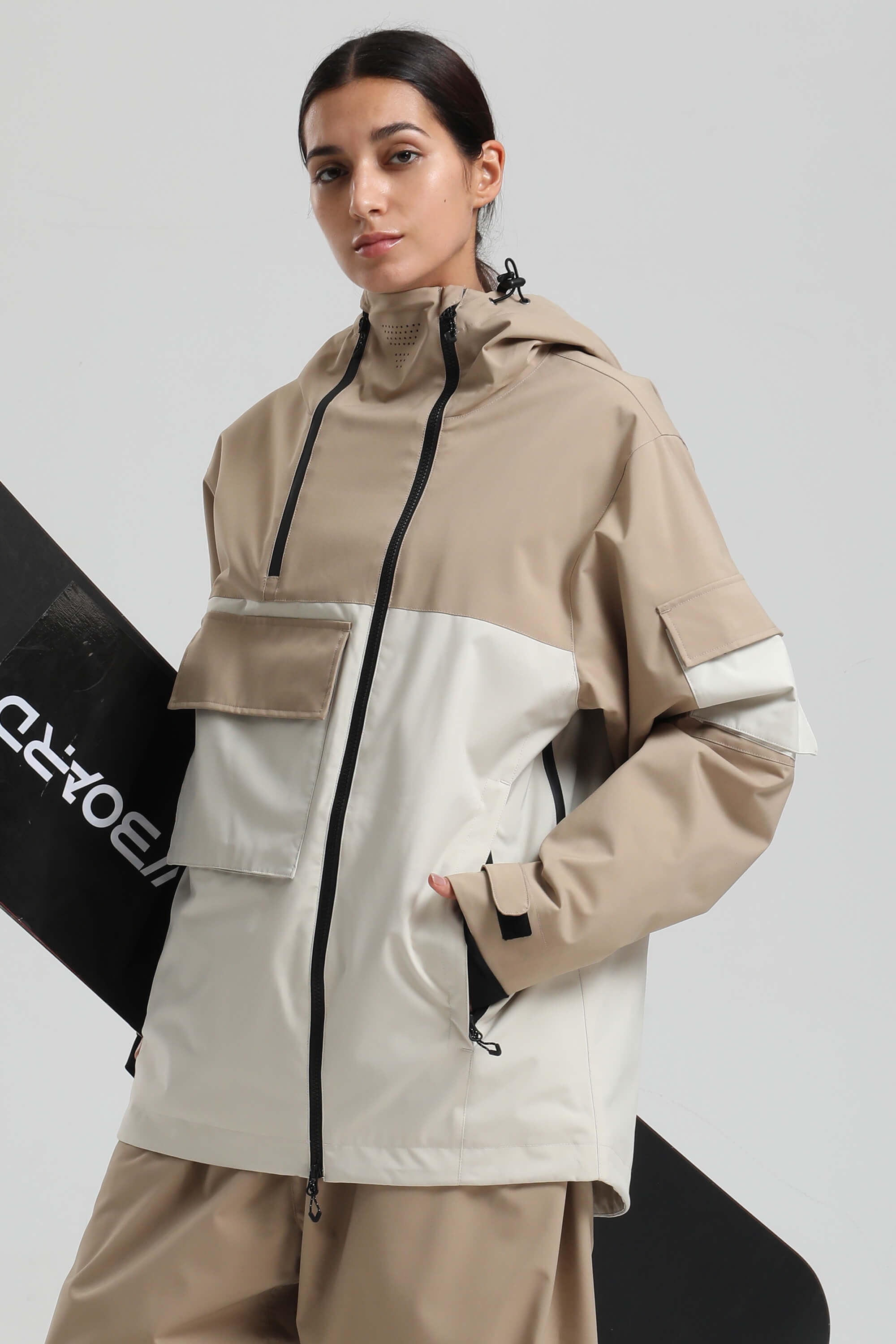 Women's Khaki & White Asym-Zip Snow Jacket Utility Pocket Waterproof Ski Jacket - Gsou Snow