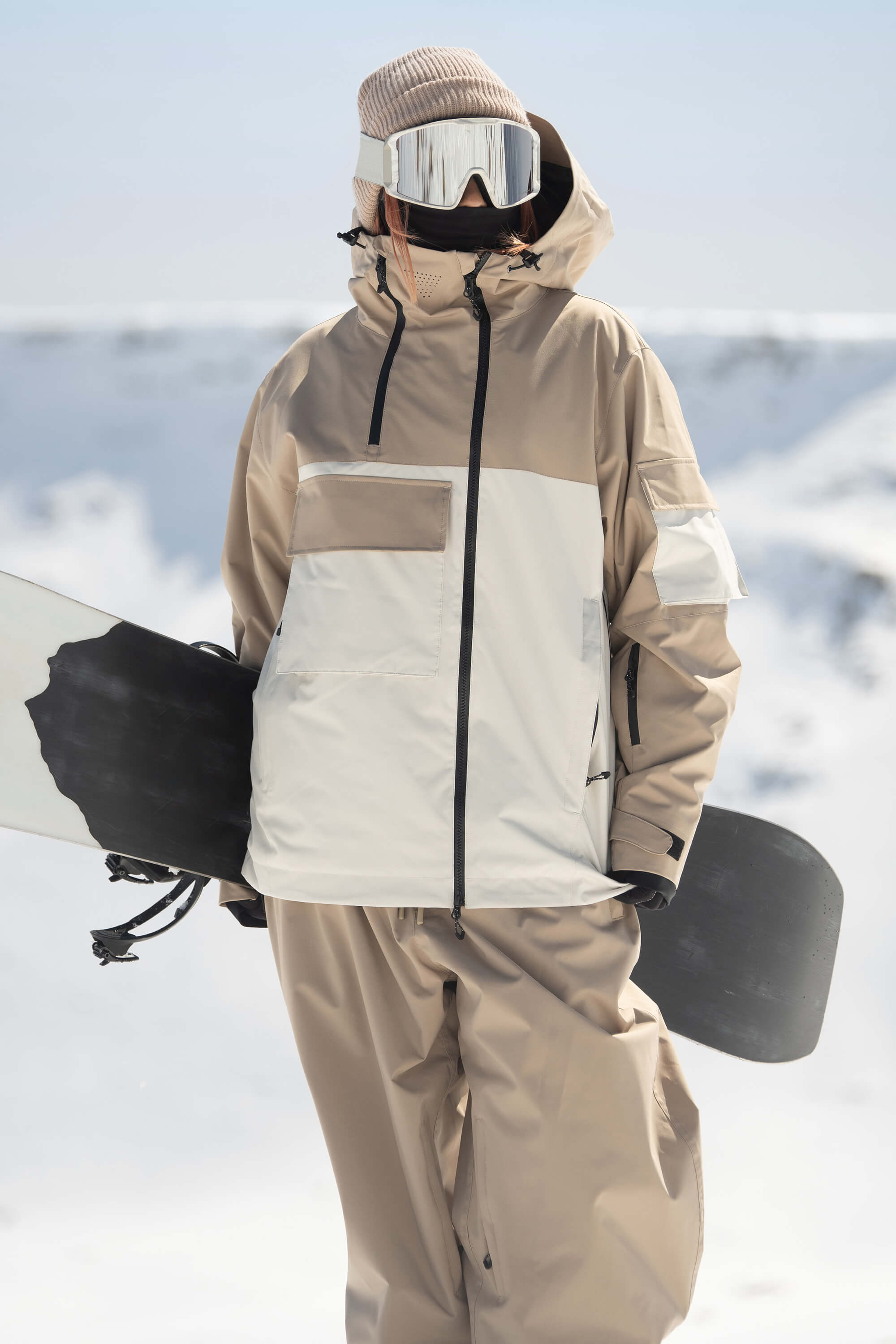 Women's Off White Asym-Zip Multi-Pocket Ski Jacket Utility Waterproof Snow Jacket