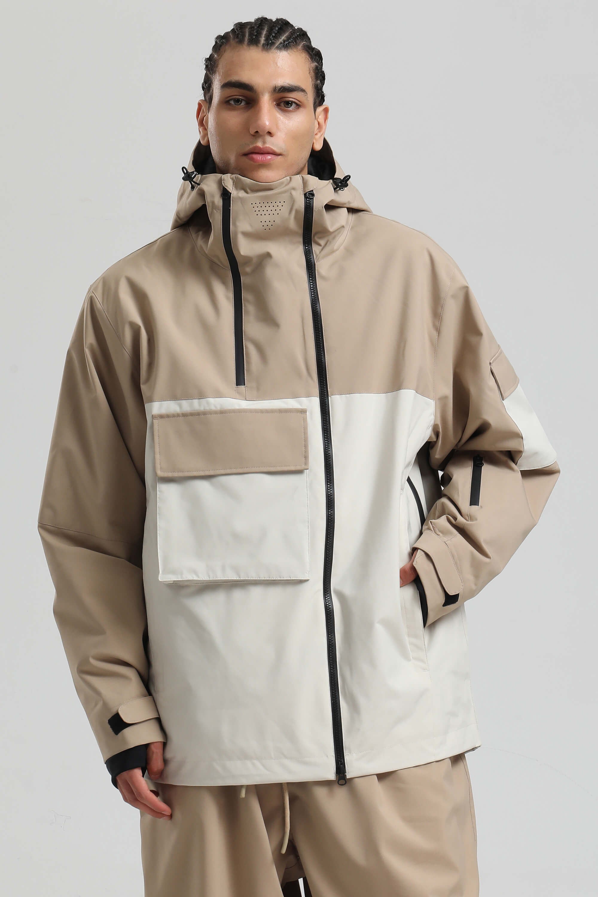 Men's White & Black Asym-Zip Multi-Pocket Ski Jacket Utility Waterproof Snow Jacket