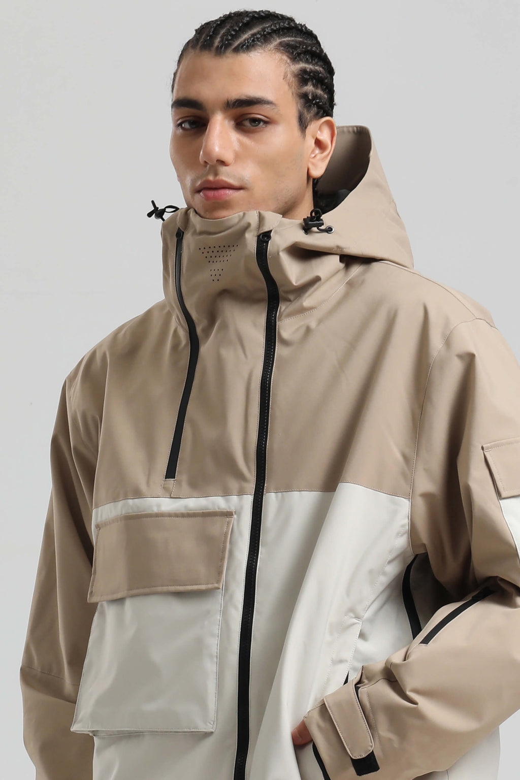 Men's Khaki & White Asym-Zip Multi-Pocket Ski Jacket Utility Waterproof Snow Jacket