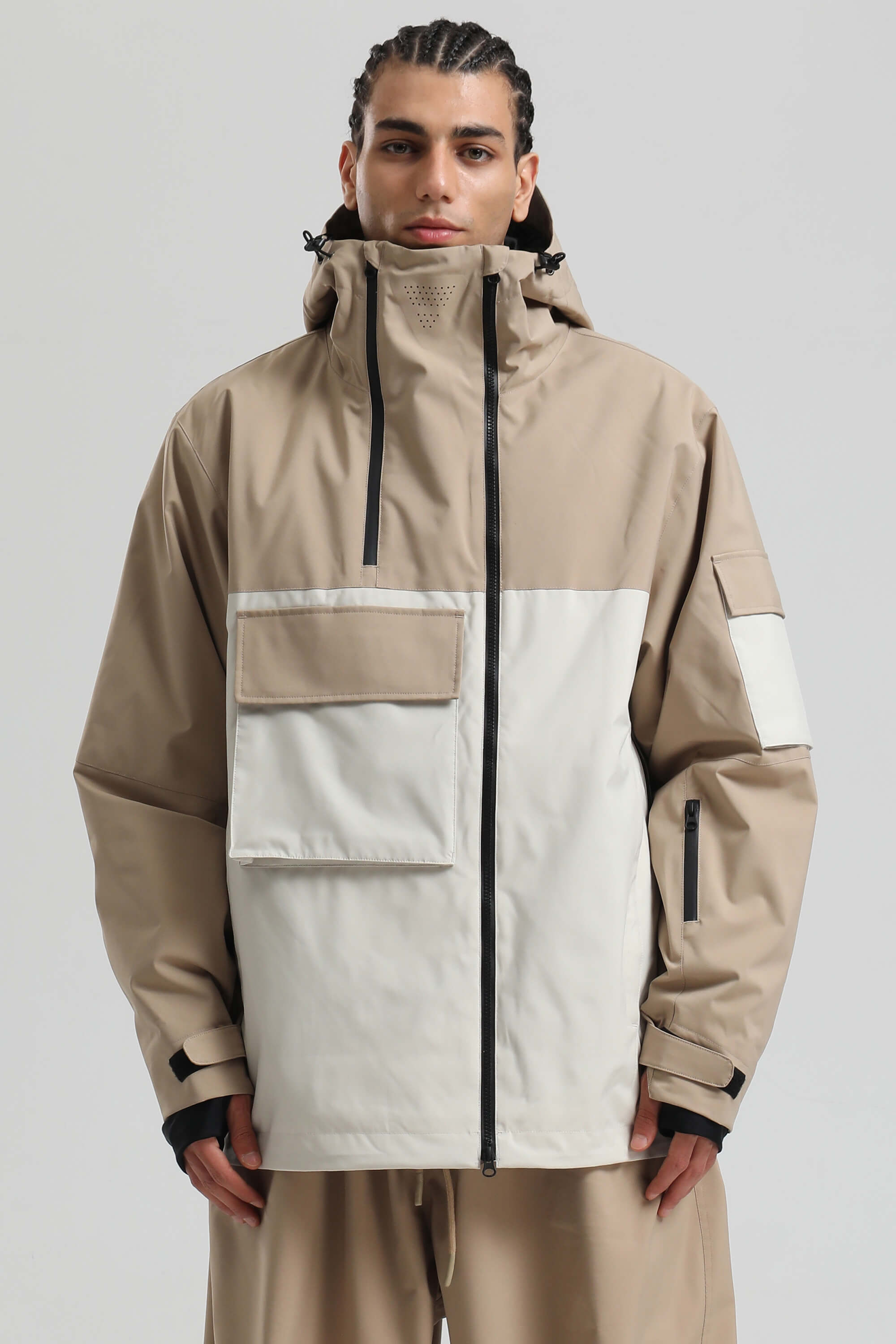 Men's Khaki & White Asym-Zip Snow Jacket Utility Pocket Waterproof Ski Jacket - Gsou Snow