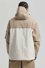 Men's Khaki & White Asym-Zip Snow Jacket Utility Pocket Waterproof Ski Jacket - Gsou Snow