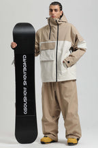Men's Khaki & White Asym-Zip Snow Jacket Utility Pocket Waterproof Ski Jacket - Gsou Snow