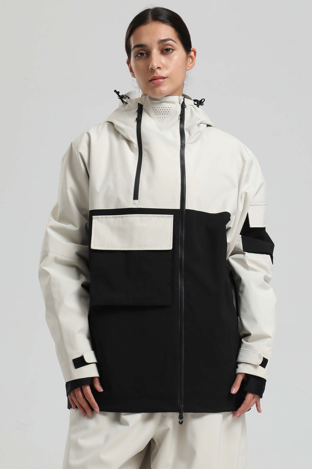 Women's White & Black Asym-Zip Snow Jacket Utility Pocket Waterproof Ski Jacket - Gsou Snow
