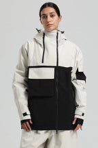 Women's White & Black Asym-Zip Snow Jacket Utility Pocket Waterproof Ski Jacket - Gsou Snow