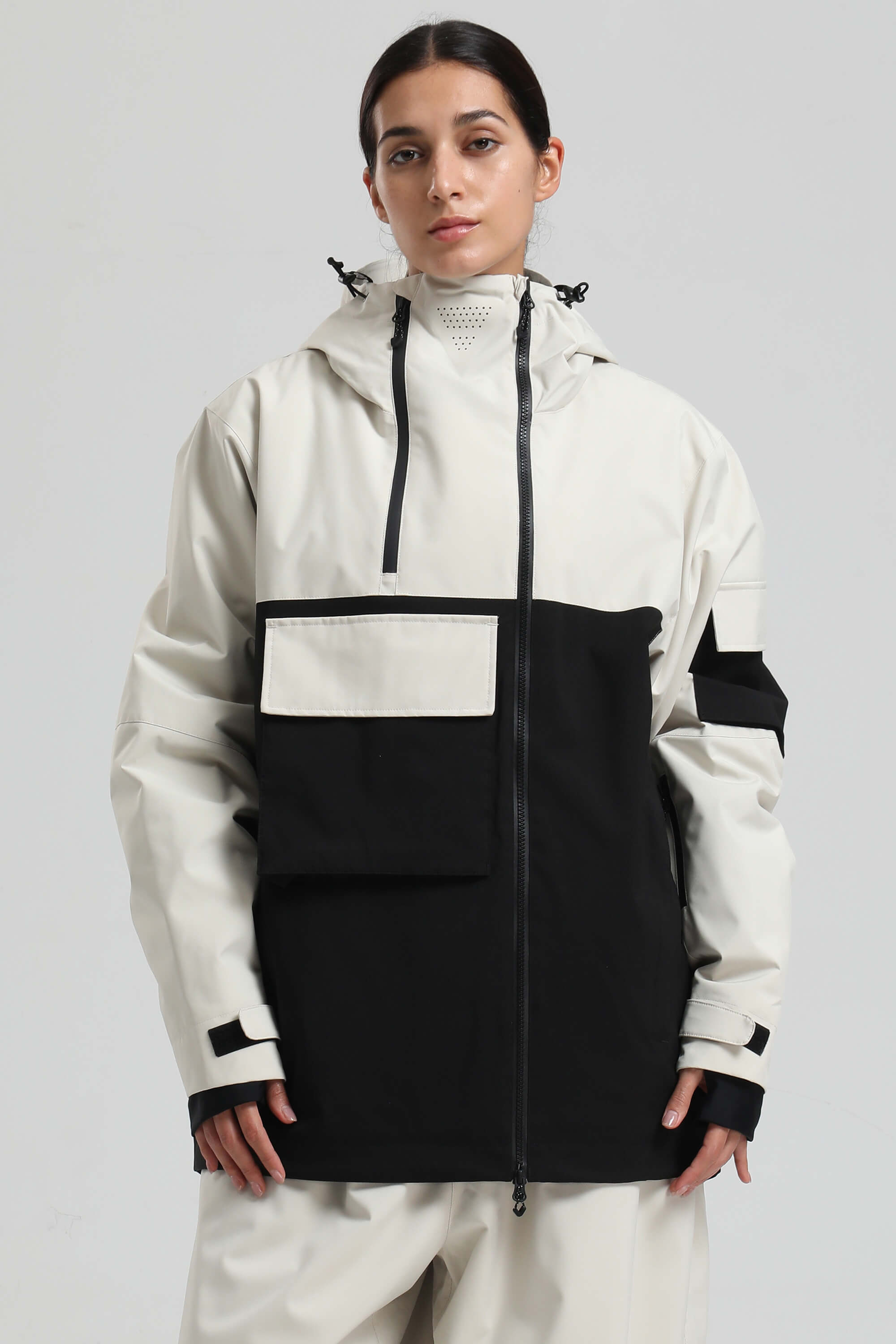 Women's White & Black Asym-Zip Snow Jacket Utility Pocket Waterproof Ski Jacket - Gsou Snow