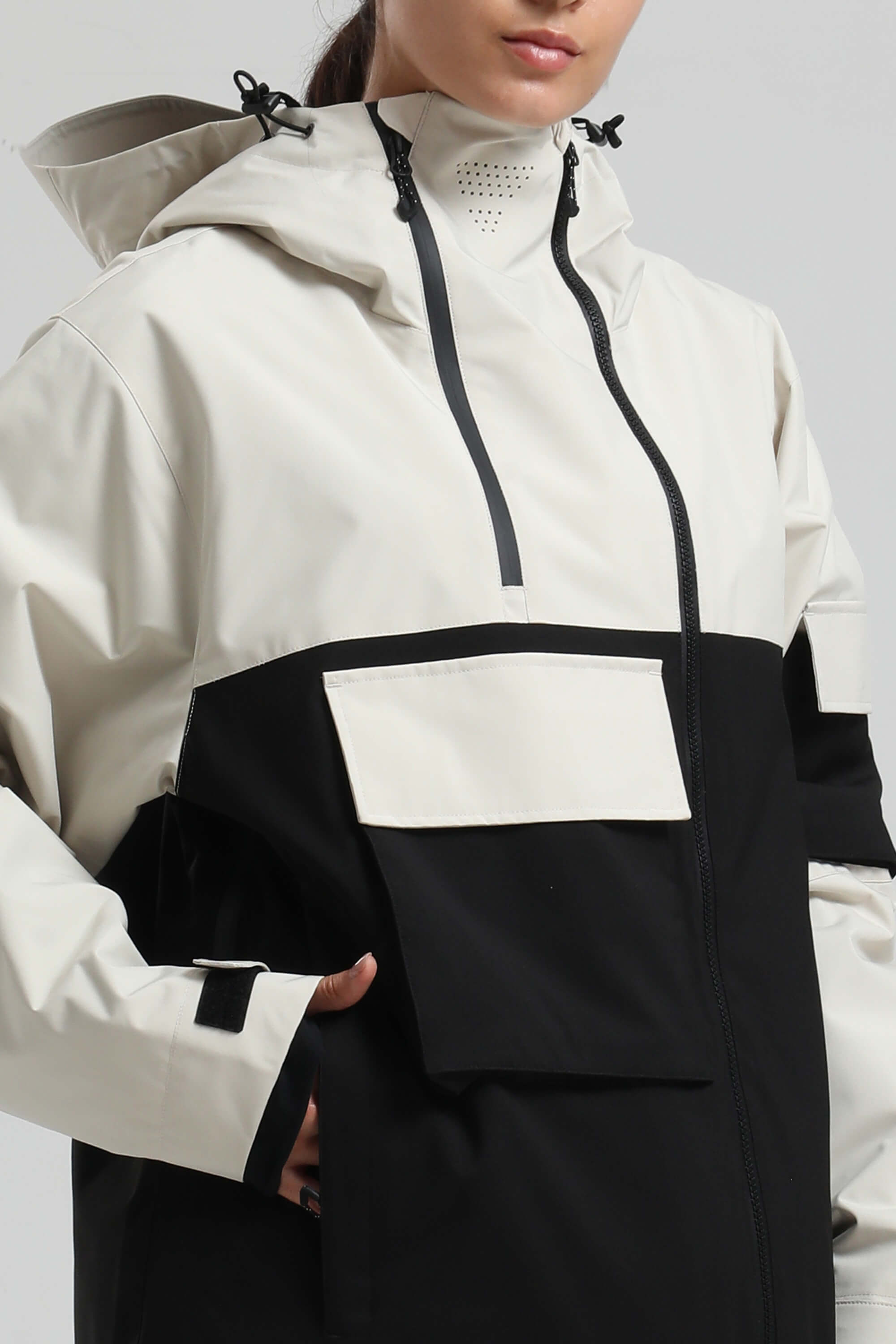 Women's White & Black Asym-Zip Snow Jacket Utility Pocket Waterproof Ski Jacket - Gsou Snow