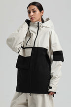 Women's White & Black Asym-Zip Snow Jacket Utility Pocket Waterproof Ski Jacket - Gsou Snow