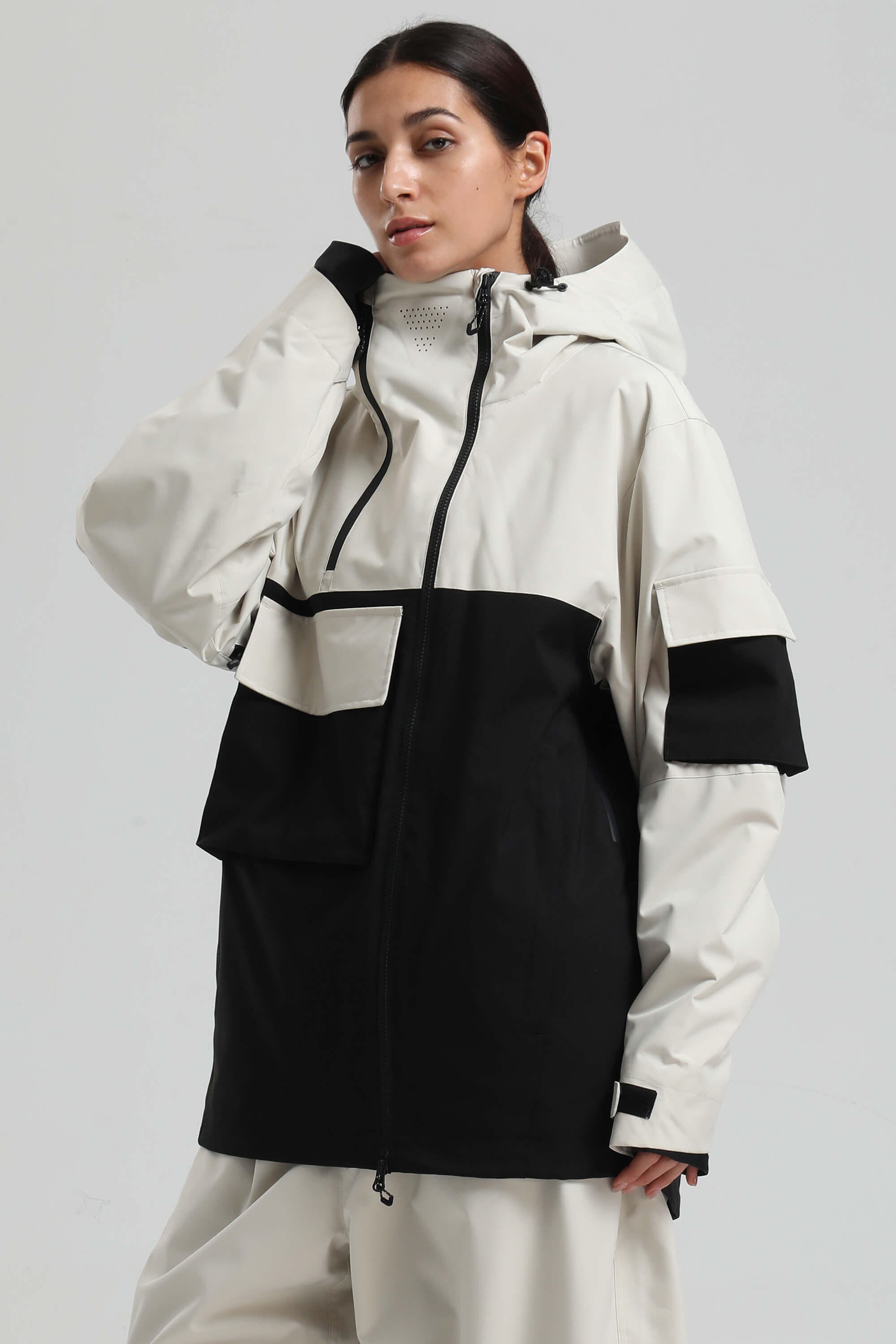Women's White & Black Asym-Zip Snow Jacket Utility Pocket Waterproof Ski Jacket - Gsou Snow